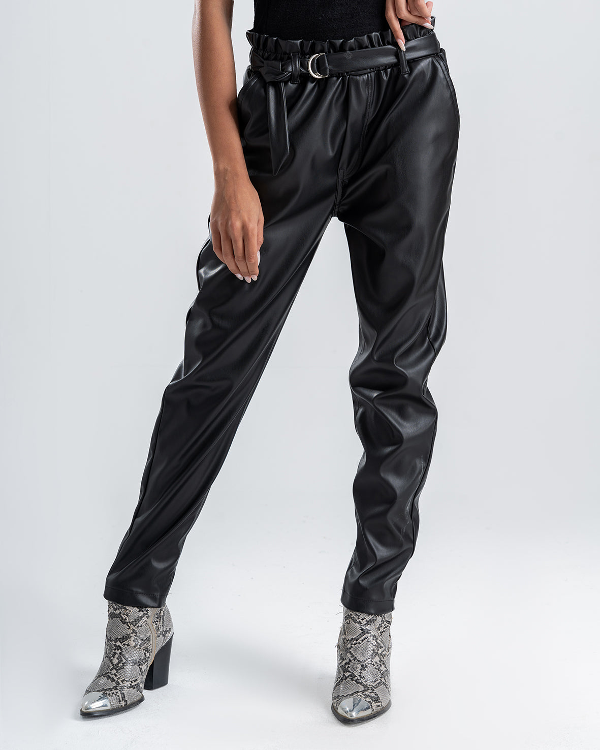 Women's Black Faux Leather Pants With Belt