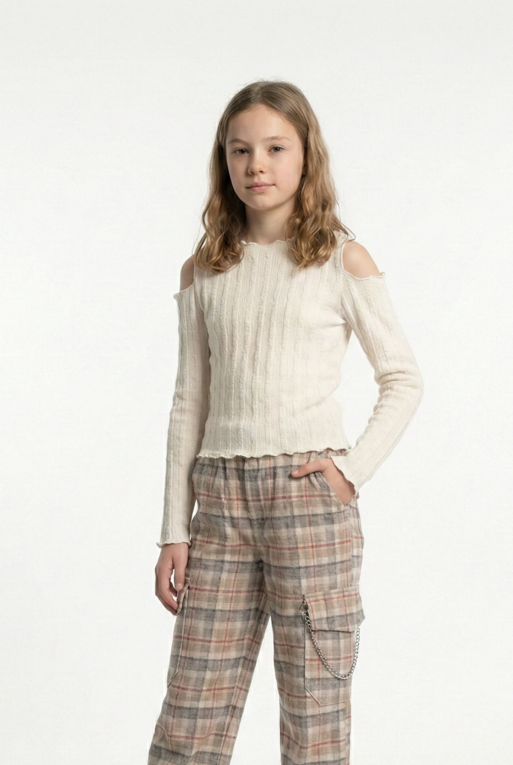 Girls’ Cold-Shoulder Top – Long-Sleeve Lettuce-Trim Ribbed Blouse