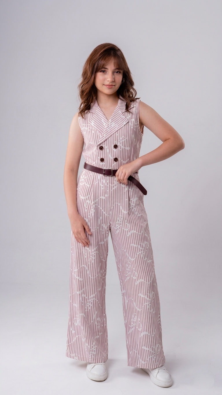 Girls Pinstripe Double-Breasted Wide-Leg Jumpsuit