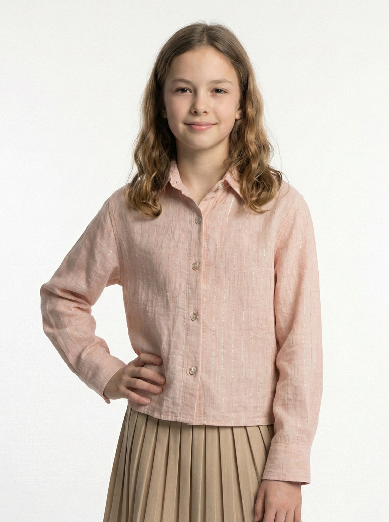 Girls’ Shimmer Button Down Shirt  Long-Sleeve Lurex Striped Blouse