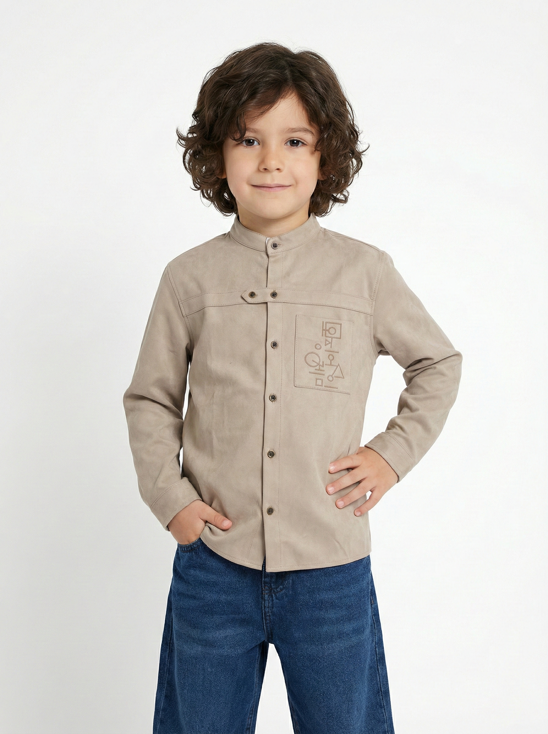 Boys’  Mandarin Collar Shirt – Long-Sleeve Button-Up with Geometric Embroidery