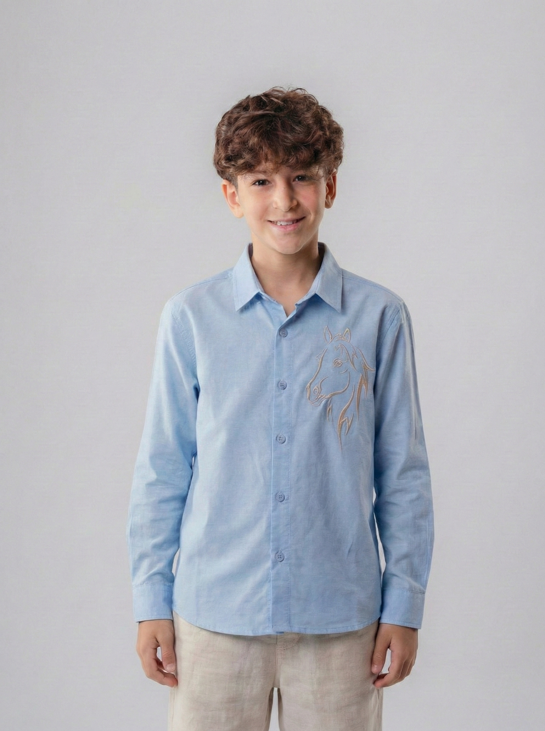 Boys’ Button-Down Shirt – Embroidered Horse Detail with Classic Collar