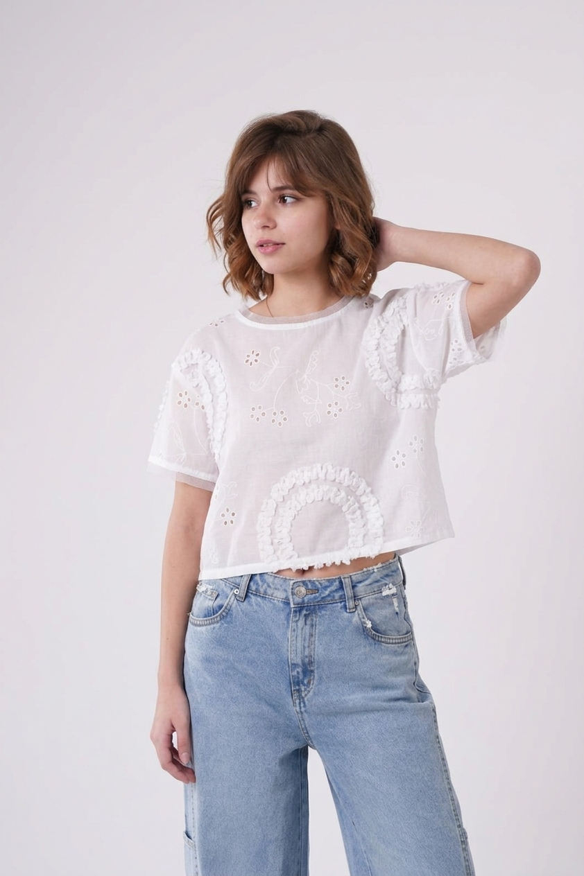 Girls’ Textured Eyelet & Tufted Crop Top