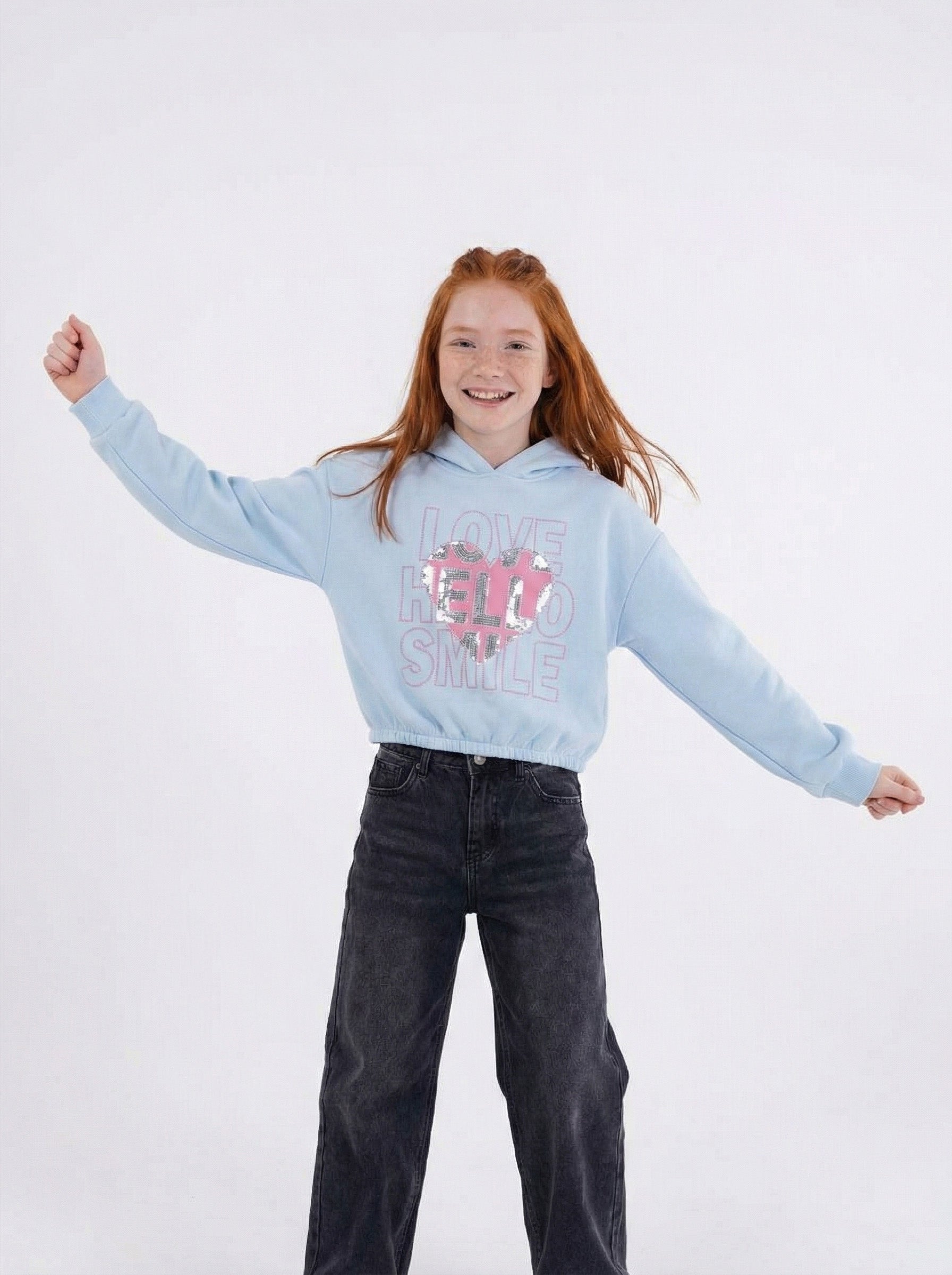 Girls' "Love Hello Smile" Sequin Heart Cropped Hoodie