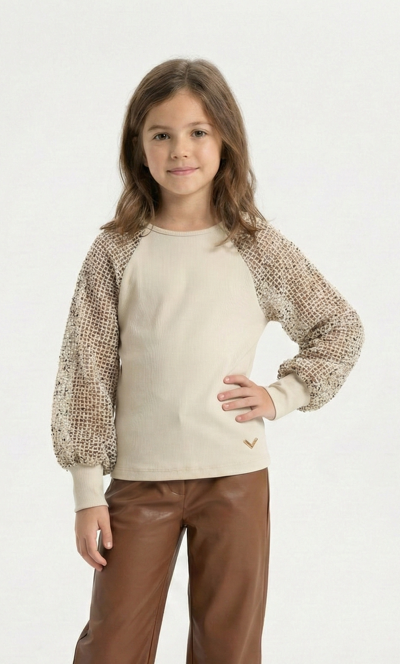 Girls’ Rib-Knit Top with Sequin Net Raglan Sleeves – Elegant Long-Sleeve Blouse