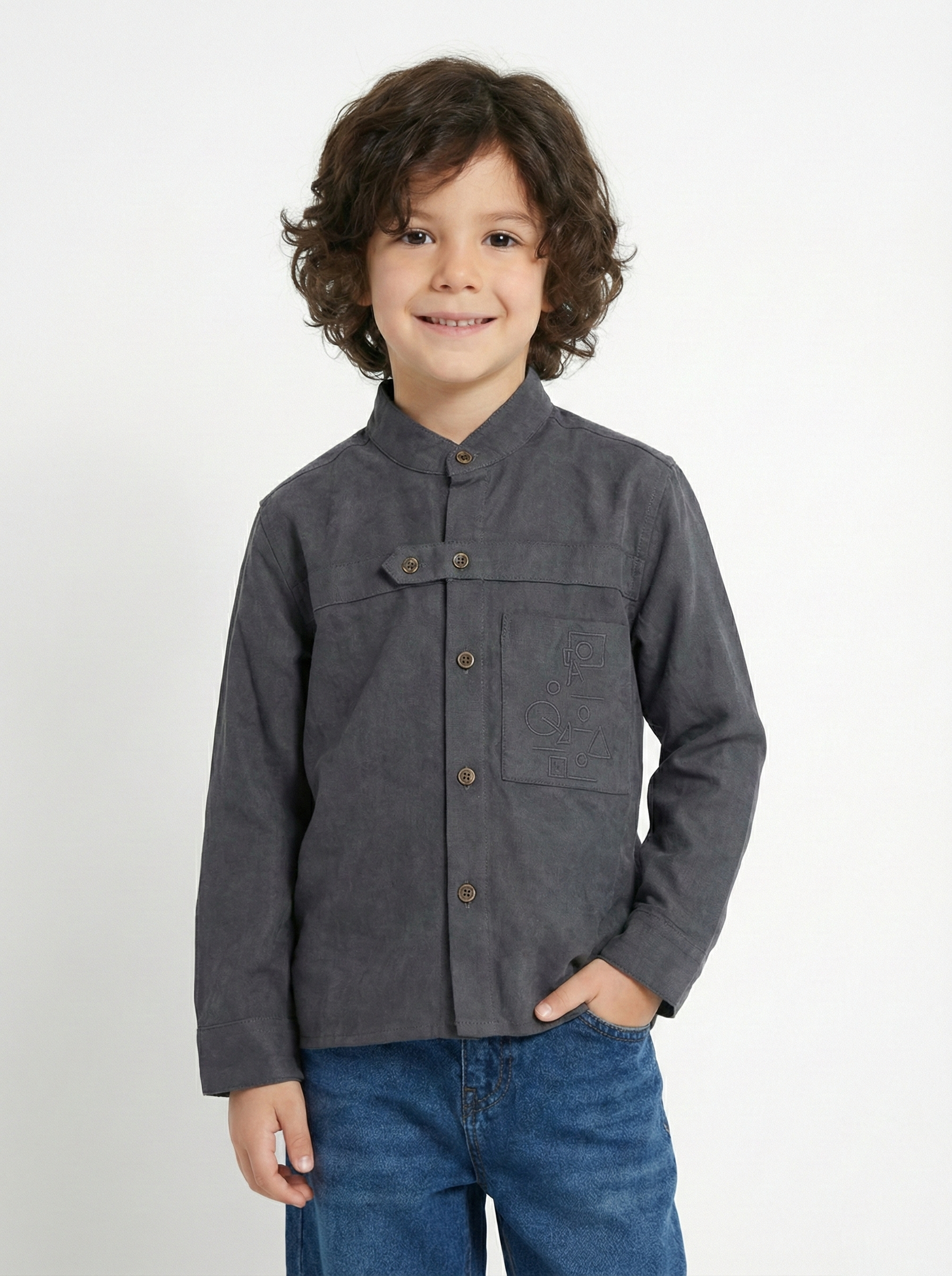 Boys’  Mandarin Collar Shirt – Long-Sleeve Button-Up with Geometric Embroidery