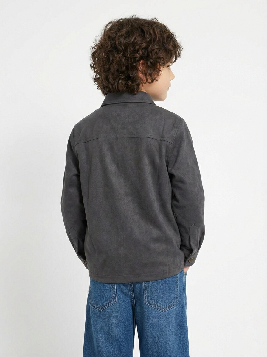 Boys’  Mandarin Collar Shirt – Long-Sleeve Button-Up with Geometric Embroidery