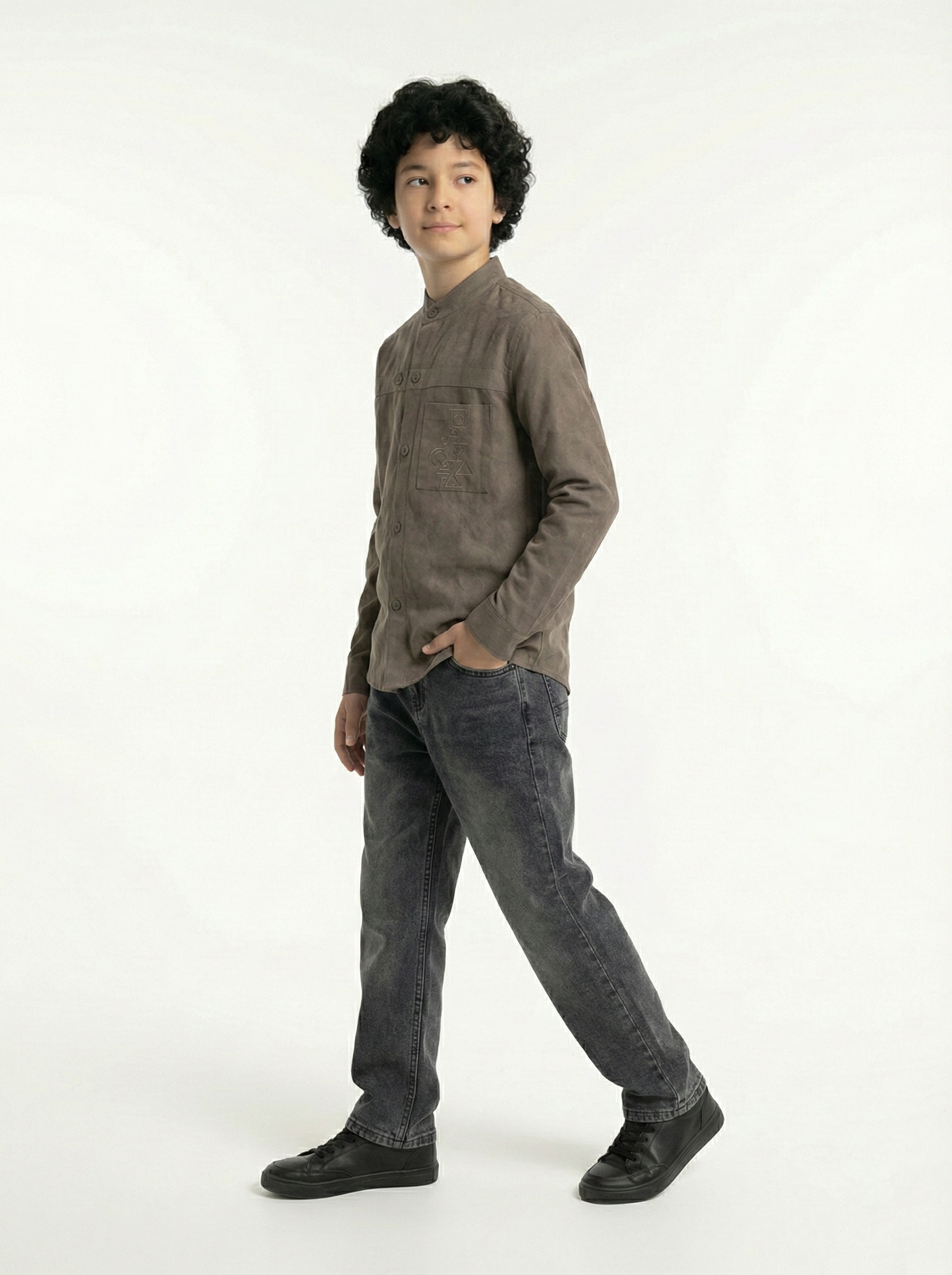 Boys’  Mandarin Collar Shirt – Long-Sleeve Button-Up with Geometric Embroidery