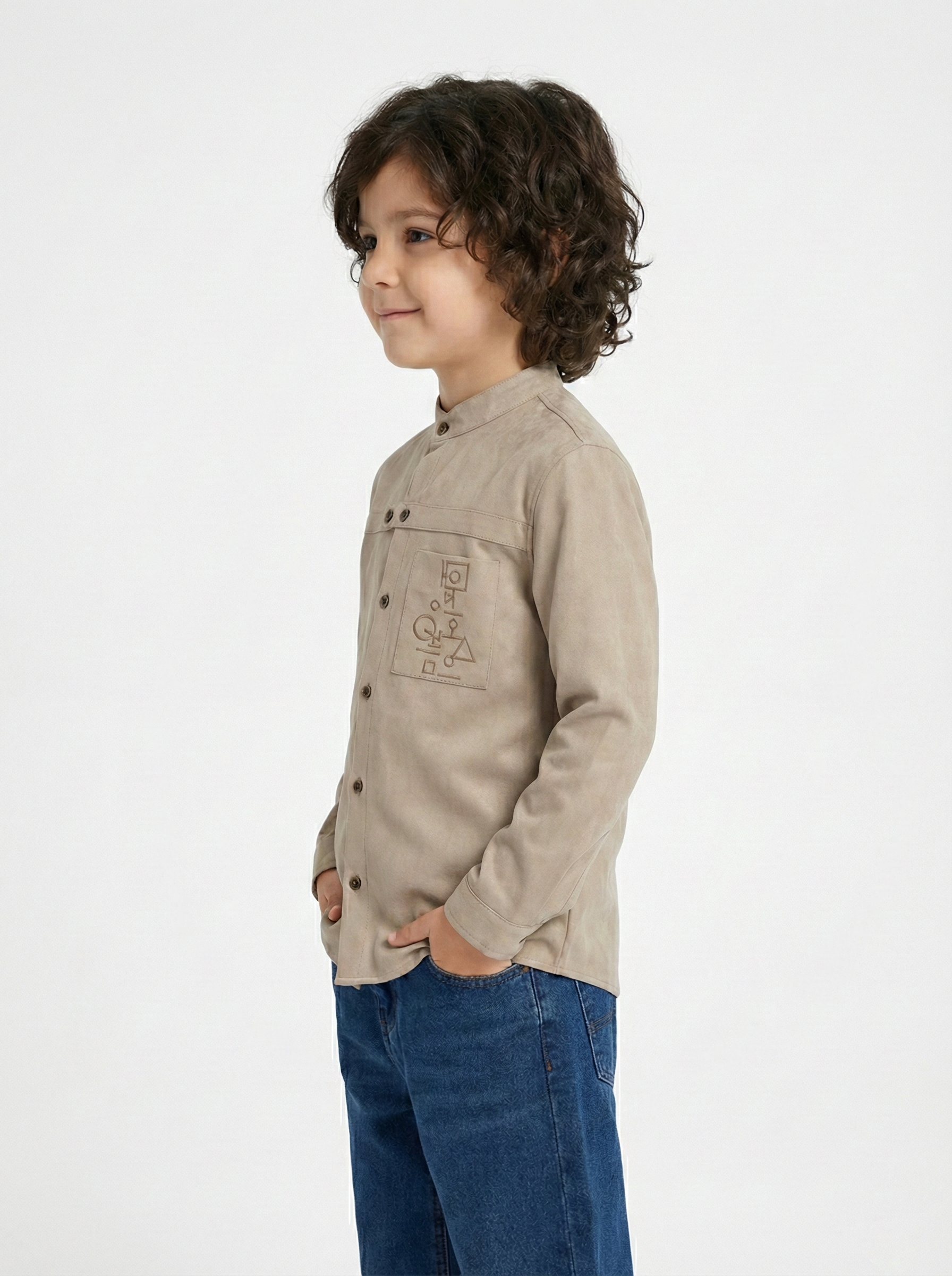 Boys’  Mandarin Collar Shirt – Long-Sleeve Button-Up with Geometric Embroidery