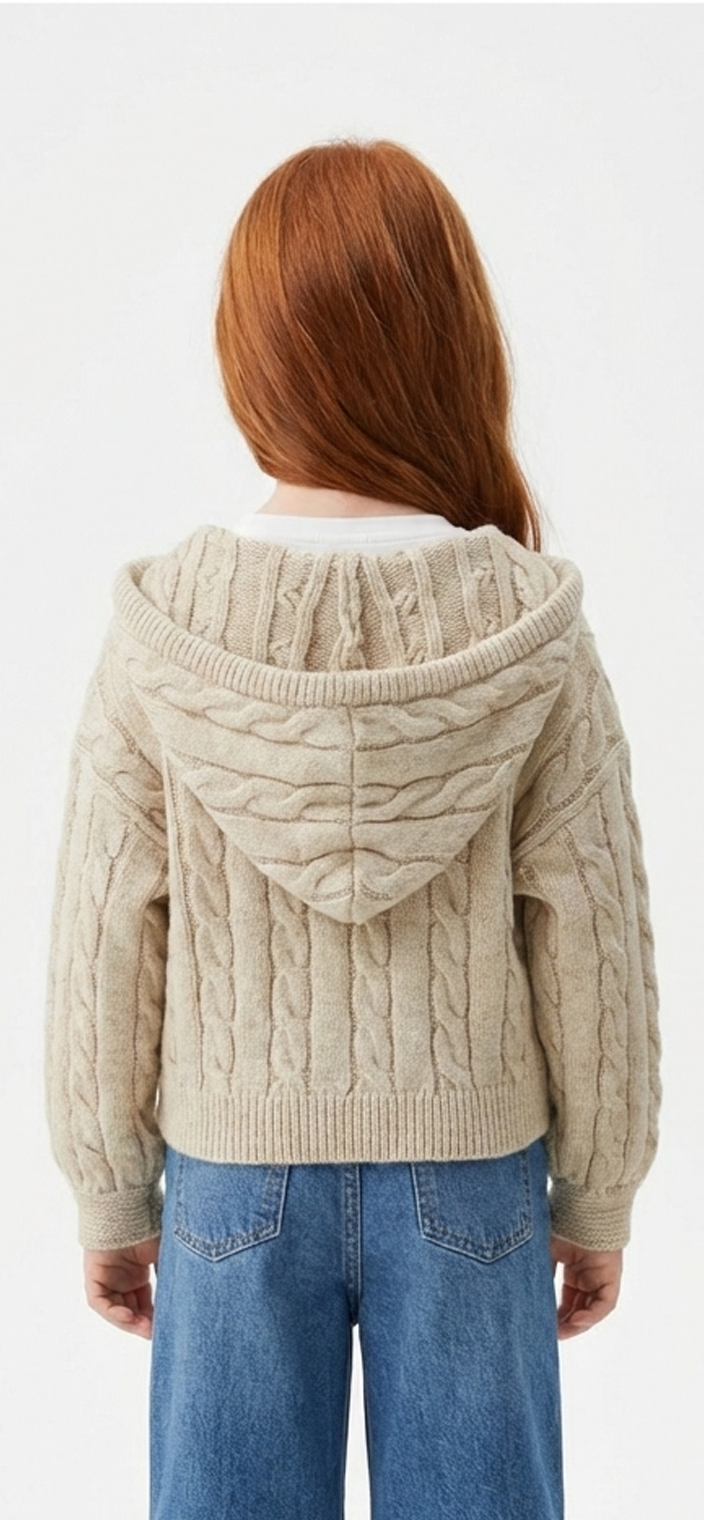Girls’ Chunky Cable-Knit Hooded Zip-Up Cardigan