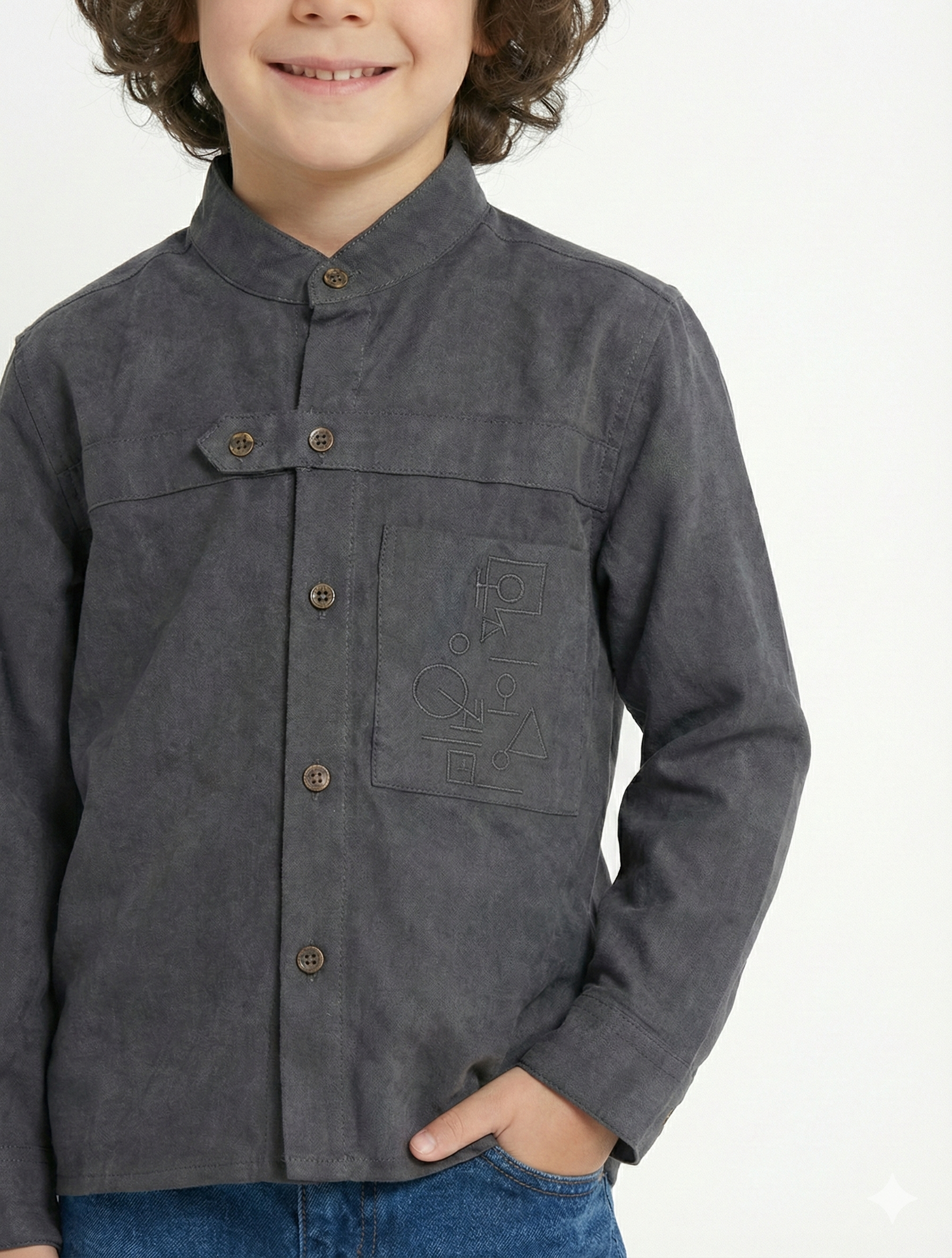 Boys’  Mandarin Collar Shirt – Long-Sleeve Button-Up with Geometric Embroidery