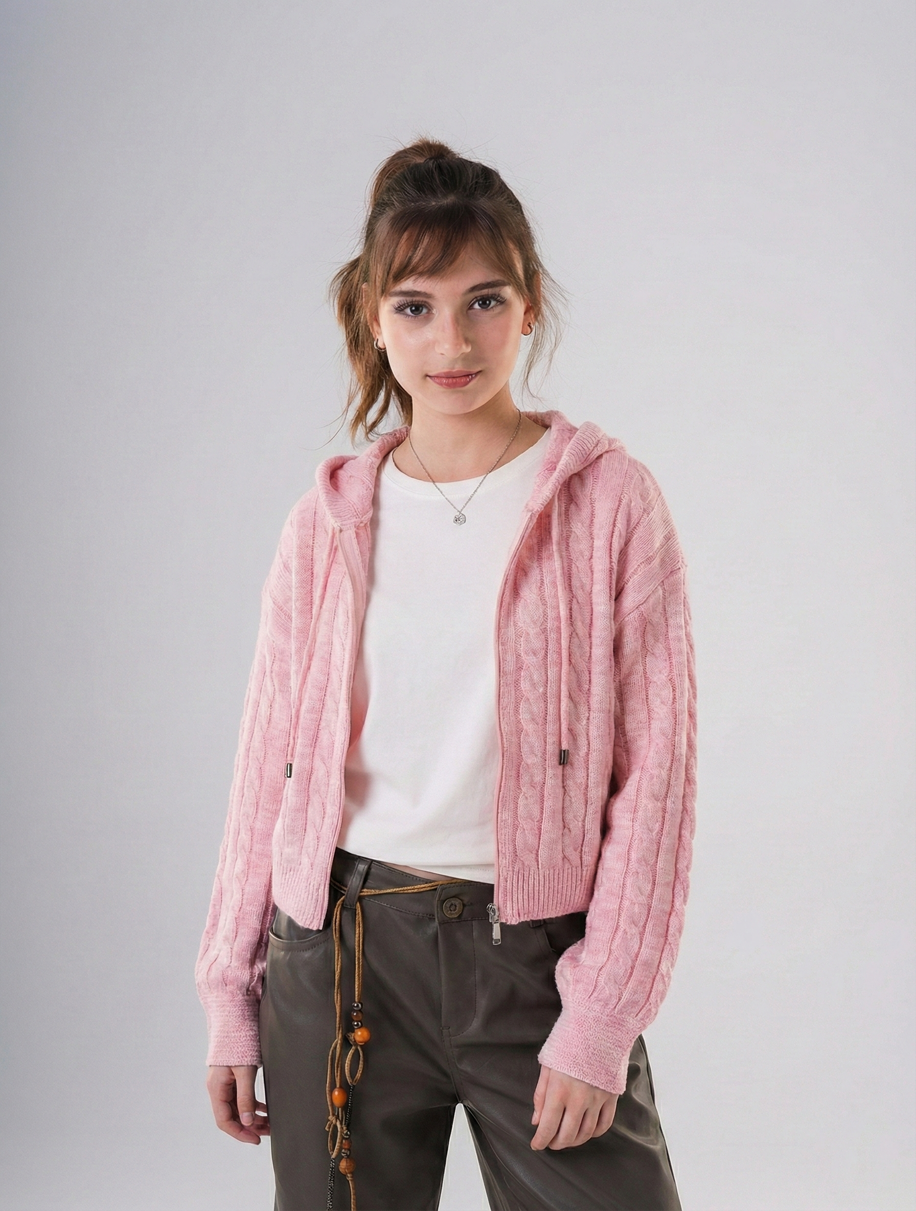 Girls’ Chunky Cable-Knit Hooded Zip-Up Cardigan