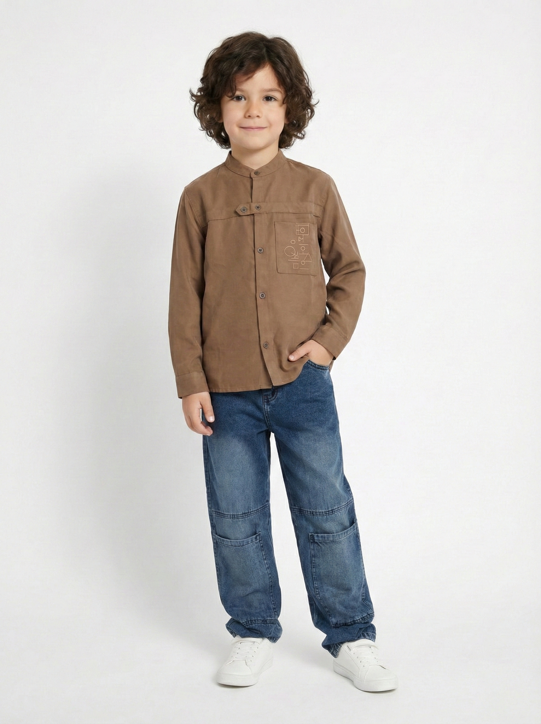 Boys’  Mandarin Collar Shirt – Long-Sleeve Button-Up with Geometric Embroidery