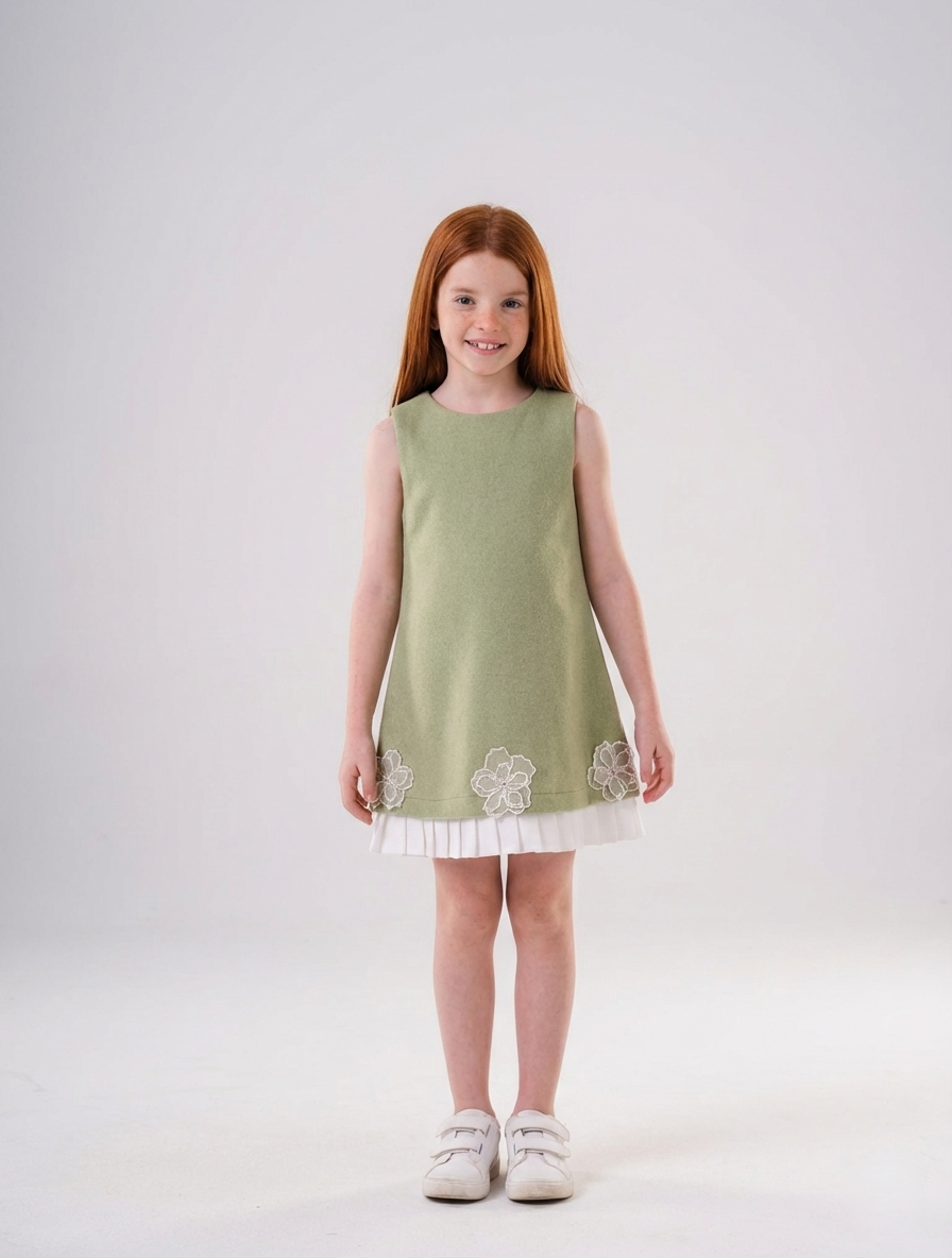 Girls’ A-Line Shift Dress with Floral Appliqué & Pleated Trim