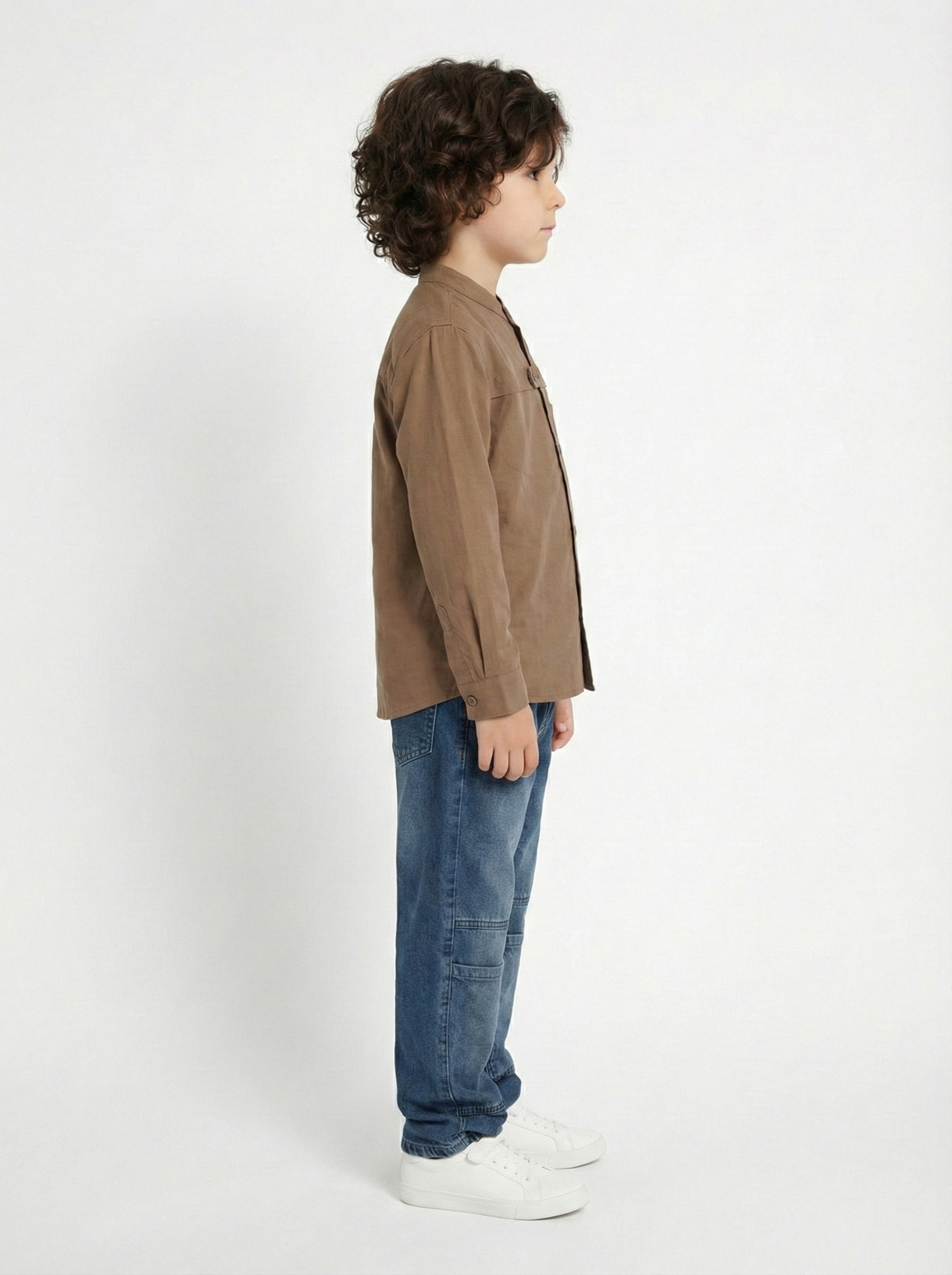Boys’  Mandarin Collar Shirt – Long-Sleeve Button-Up with Geometric Embroidery