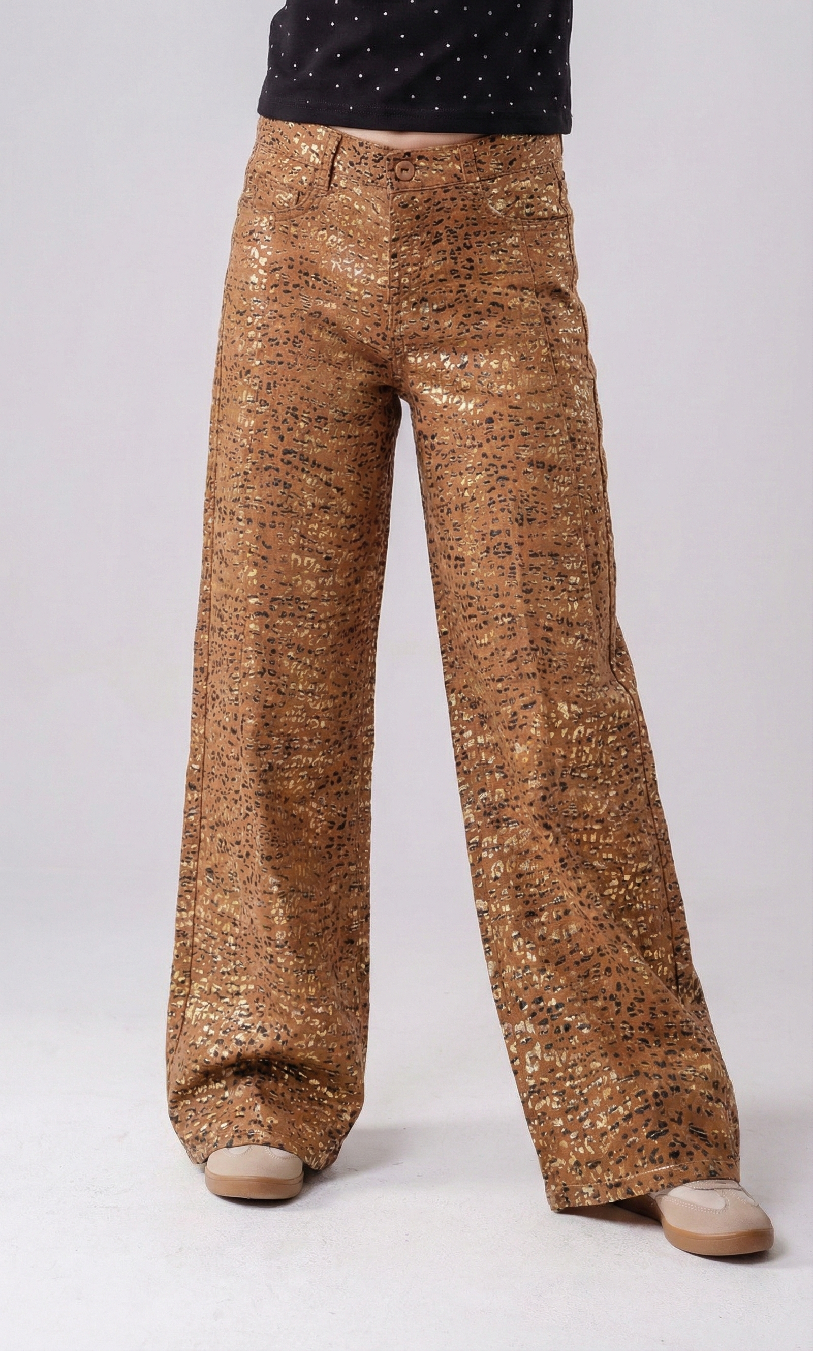 Girls’ Leopard Print High-Waist Trousers – Trendy Wide-Leg Pants