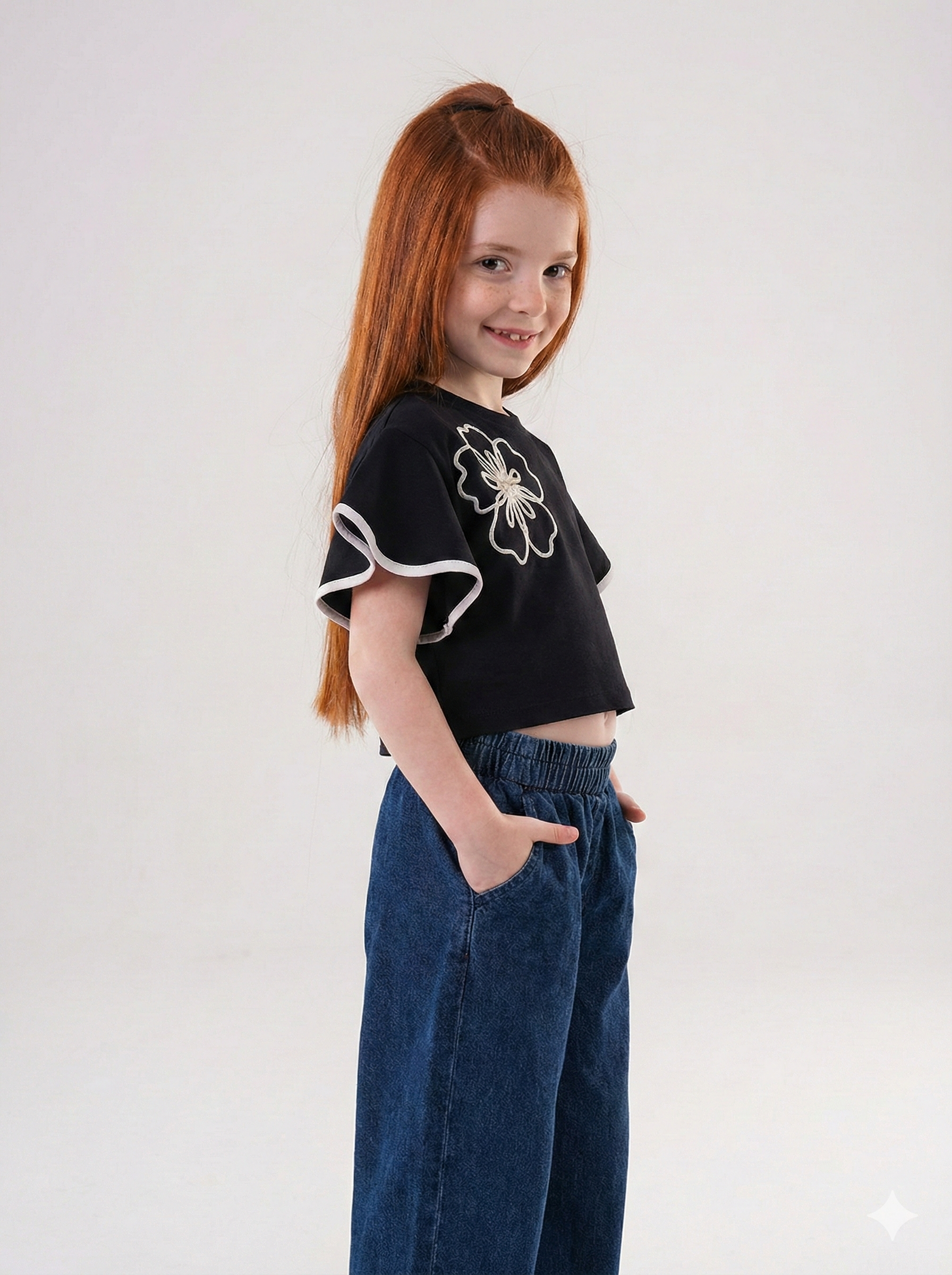 Girls' Flare-Sleeve Graphic Tee Crop-Style Top with Large Flower Motif