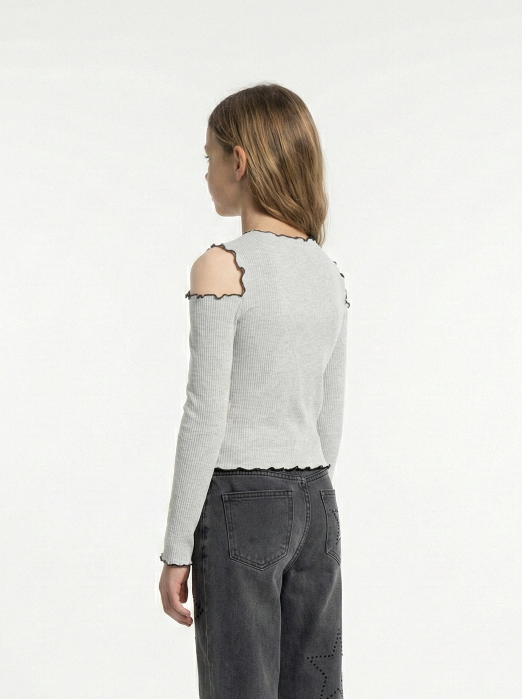 Girls' Soft Ribbed Cut-Out Top with Ruffle Trim