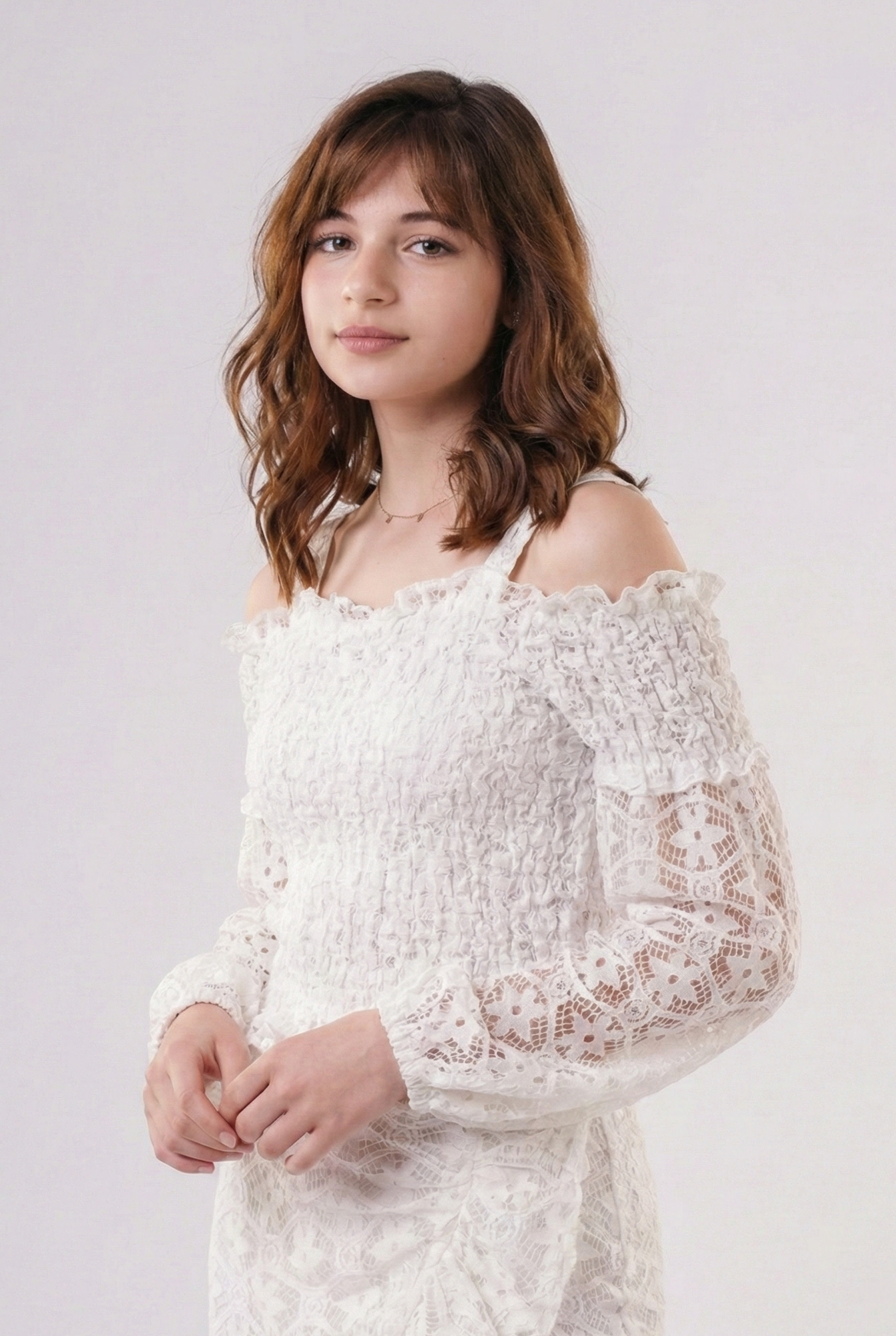 Girls' White Smocked Lace Off-the-Shoulder Top – Elegant Long