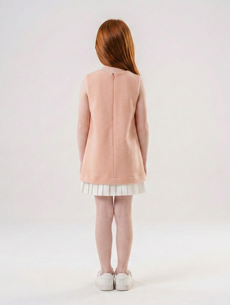 Girls’ A-Line Shift Dress with Floral Appliqué & Pleated Trim