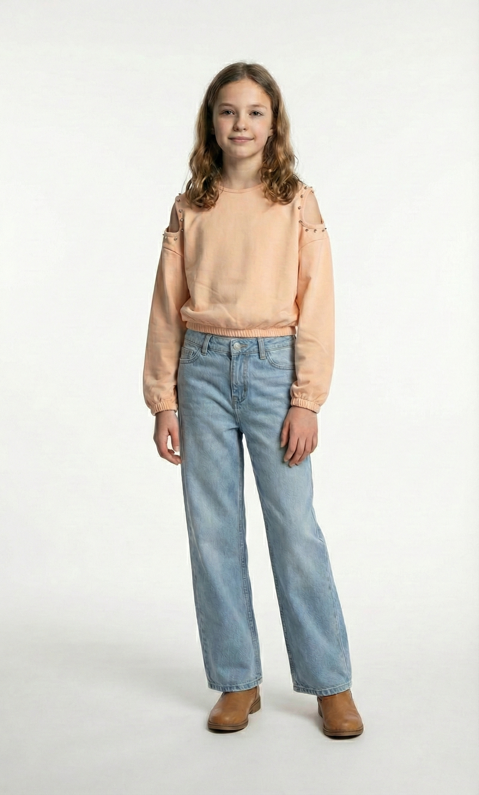 Girls’ Peach Cold-Shoulder Sweatshirt with Studded Detail