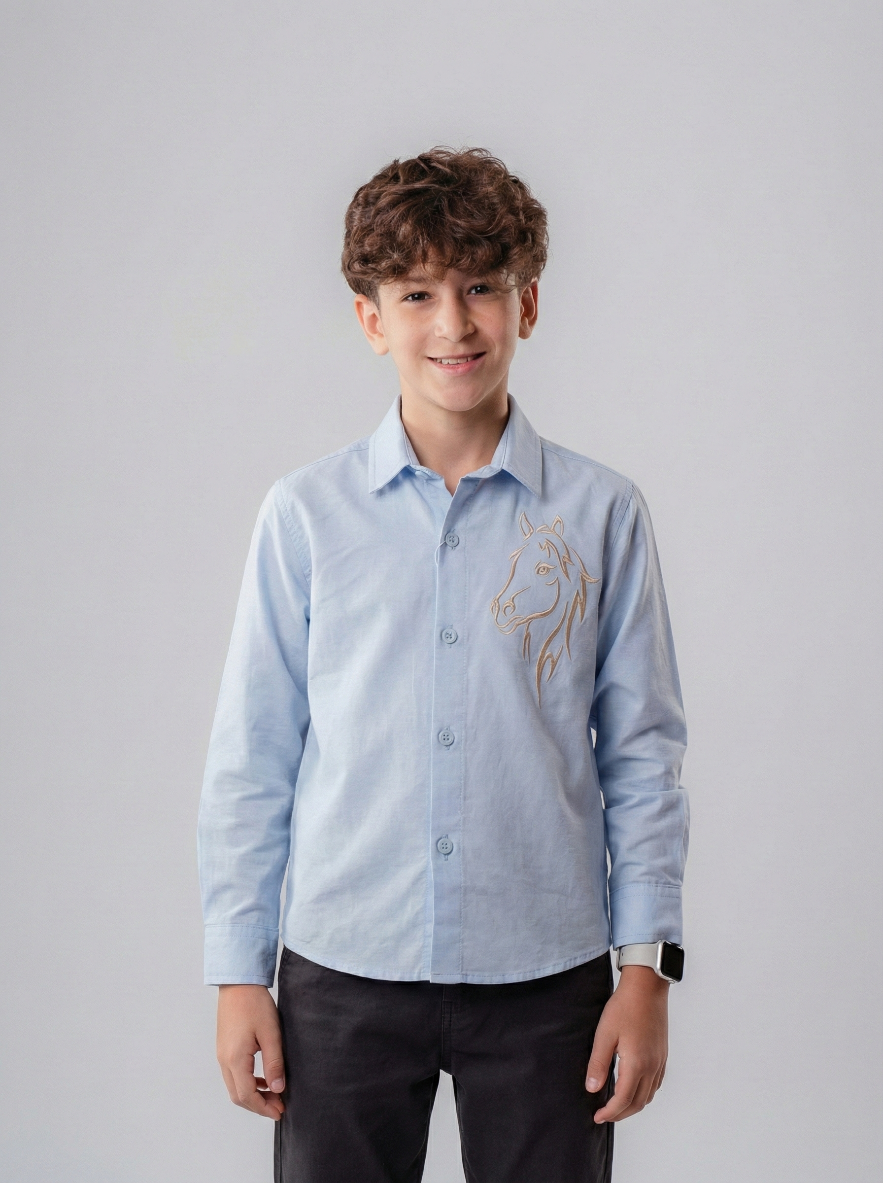 Boys’ Button-Down Shirt – Embroidered Horse Detail with Classic Collar