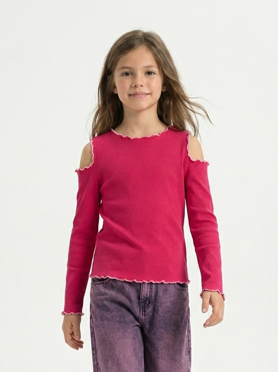 Girls' Soft Ribbed Cut-Out Top with Ruffle Trim