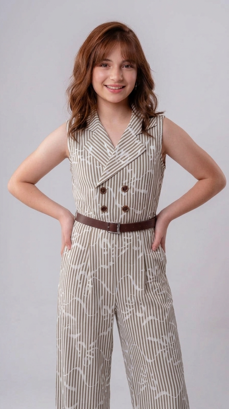Girls Pinstripe Double-Breasted Wide-Leg Jumpsuit