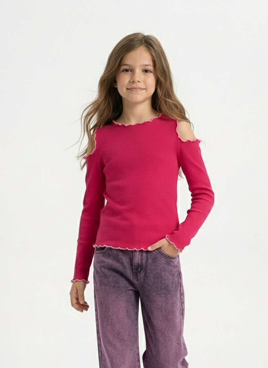Girls' Soft Ribbed Cut-Out Top with Ruffle Trim