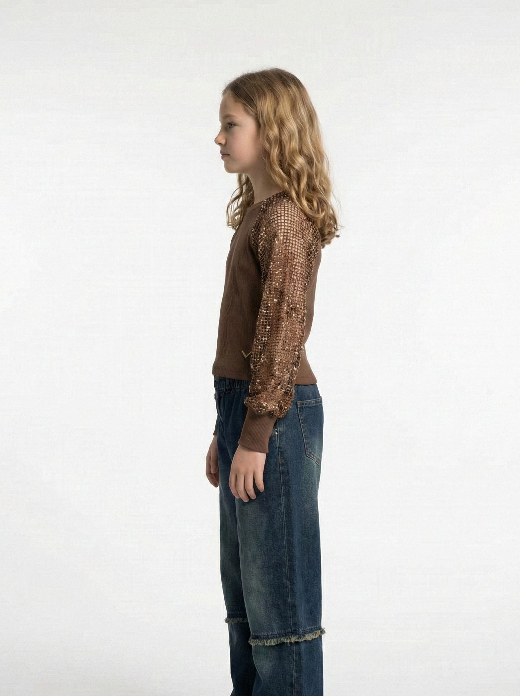 Girls’ Rib-Knit Top with Sequin Net Raglan Sleeves – Elegant Long-Sleeve Blouse