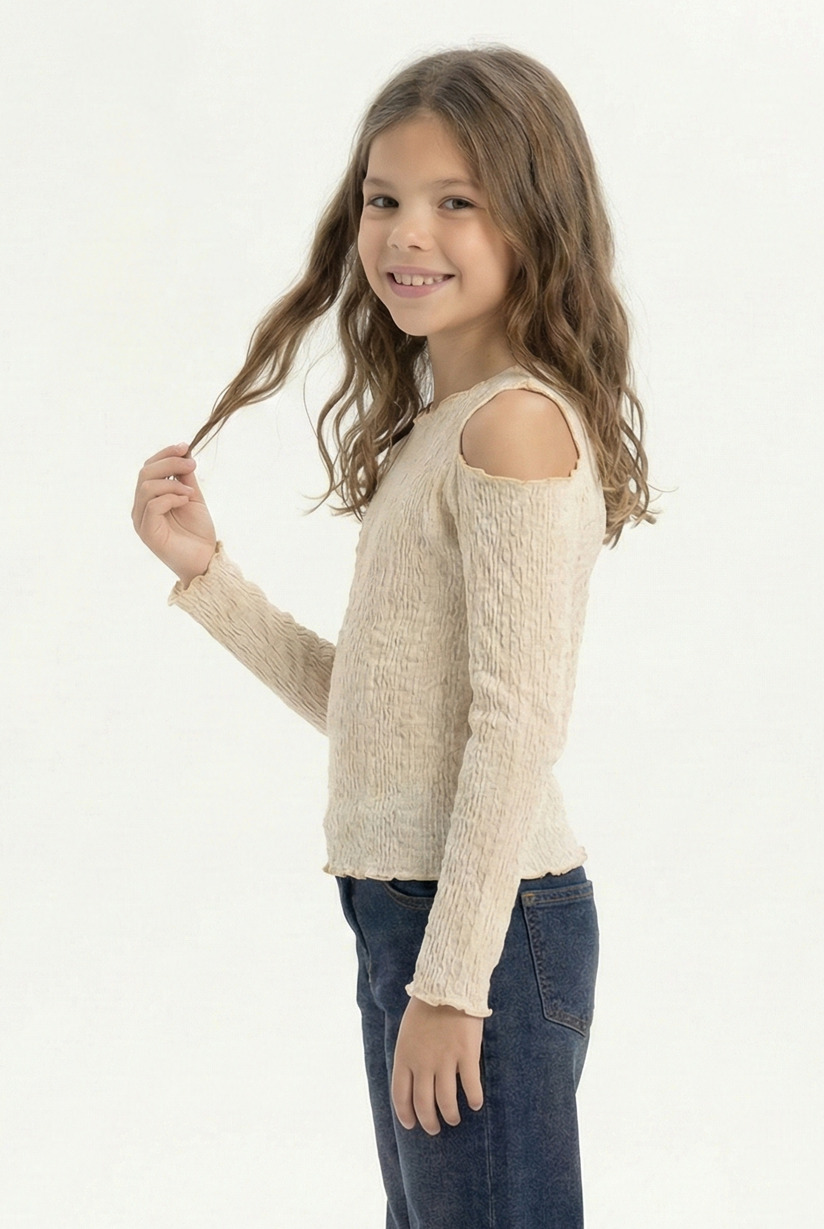 Girls’ Cold-Shoulder Top – Long-Sleeve Lettuce-Trim Ribbed Blouse