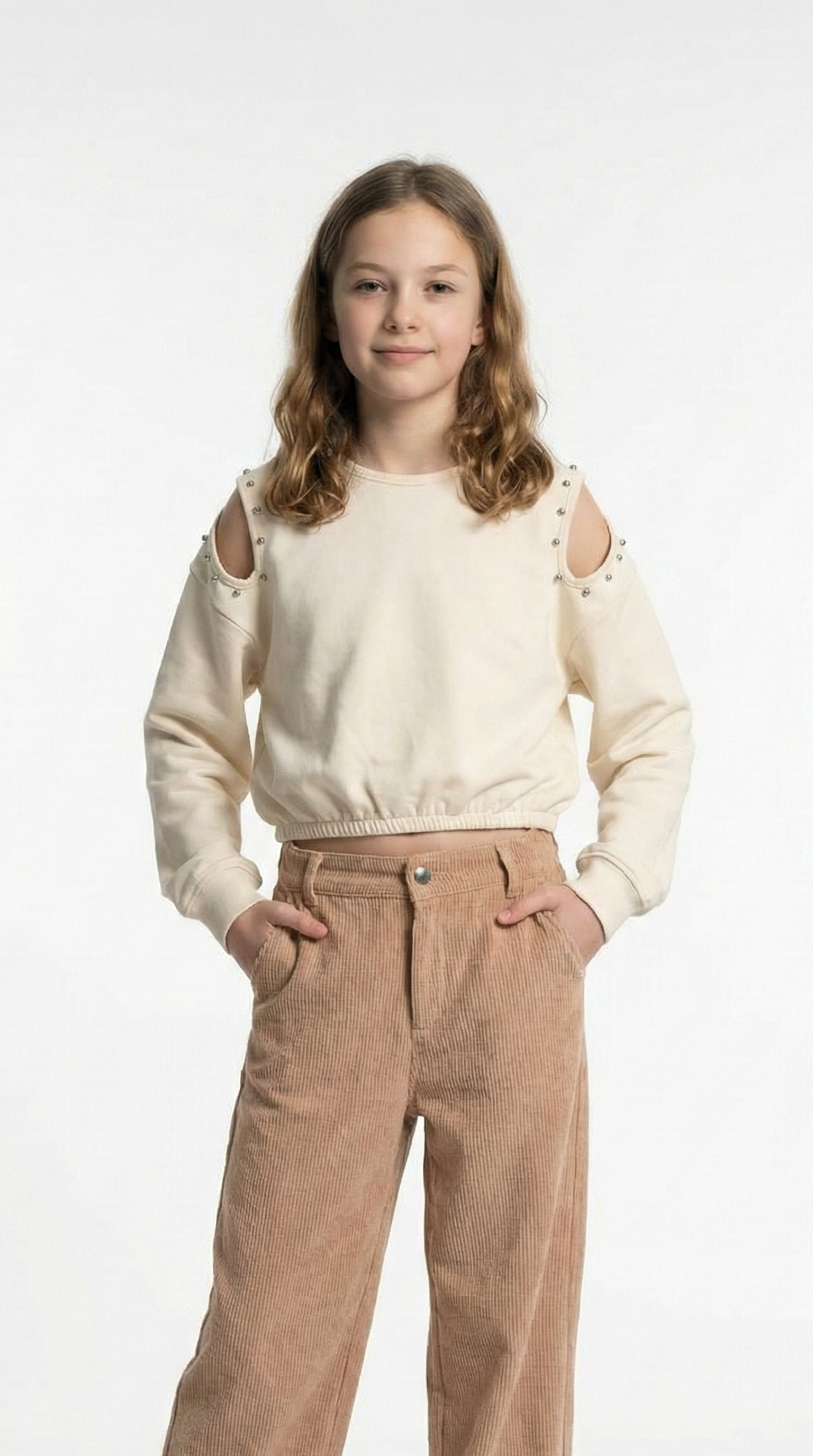 Girls’ Peach Cold-Shoulder Sweatshirt with Studded Detail