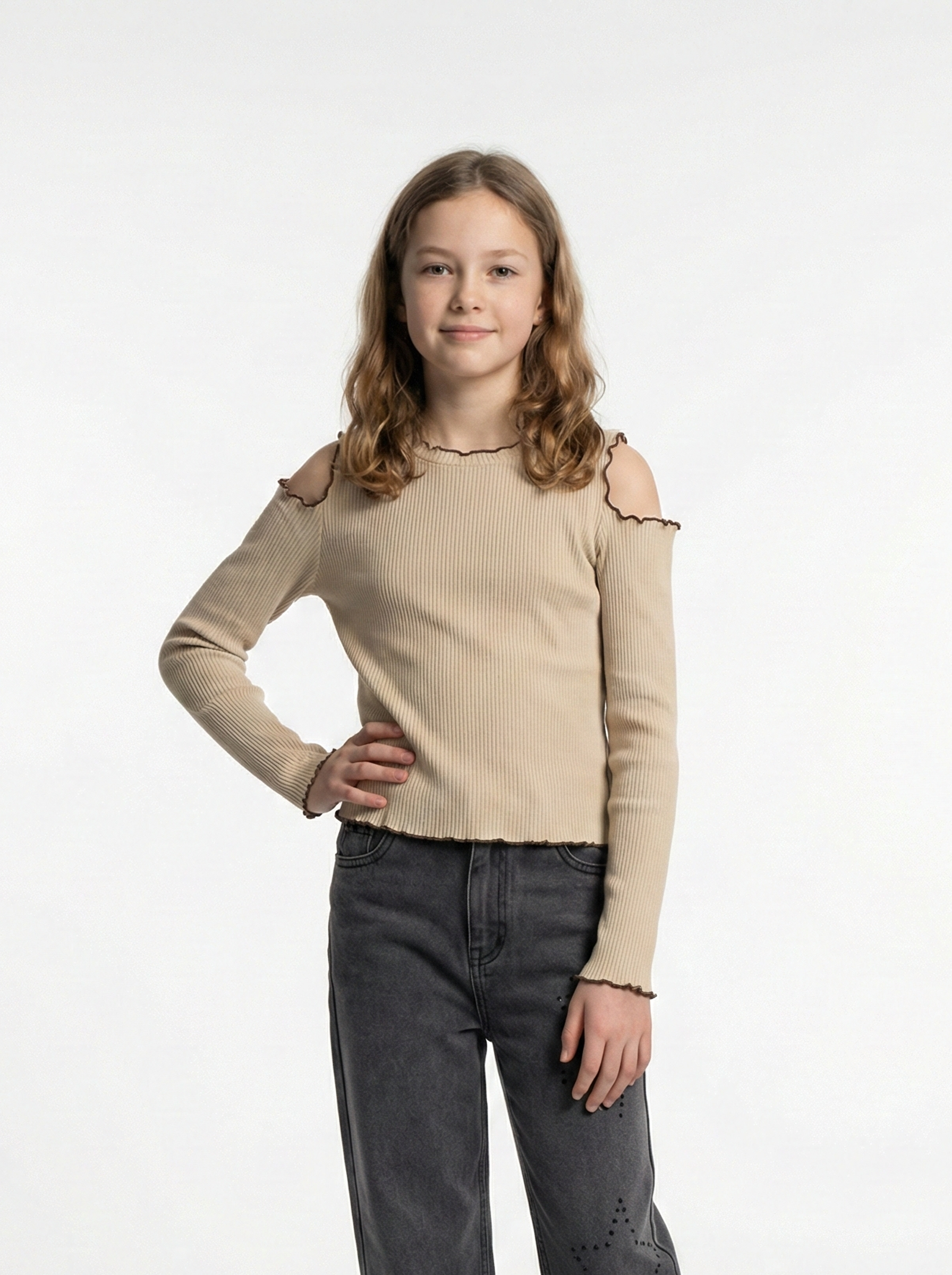 Girls' Soft Ribbed Cut-Out Top with Ruffle Trim
