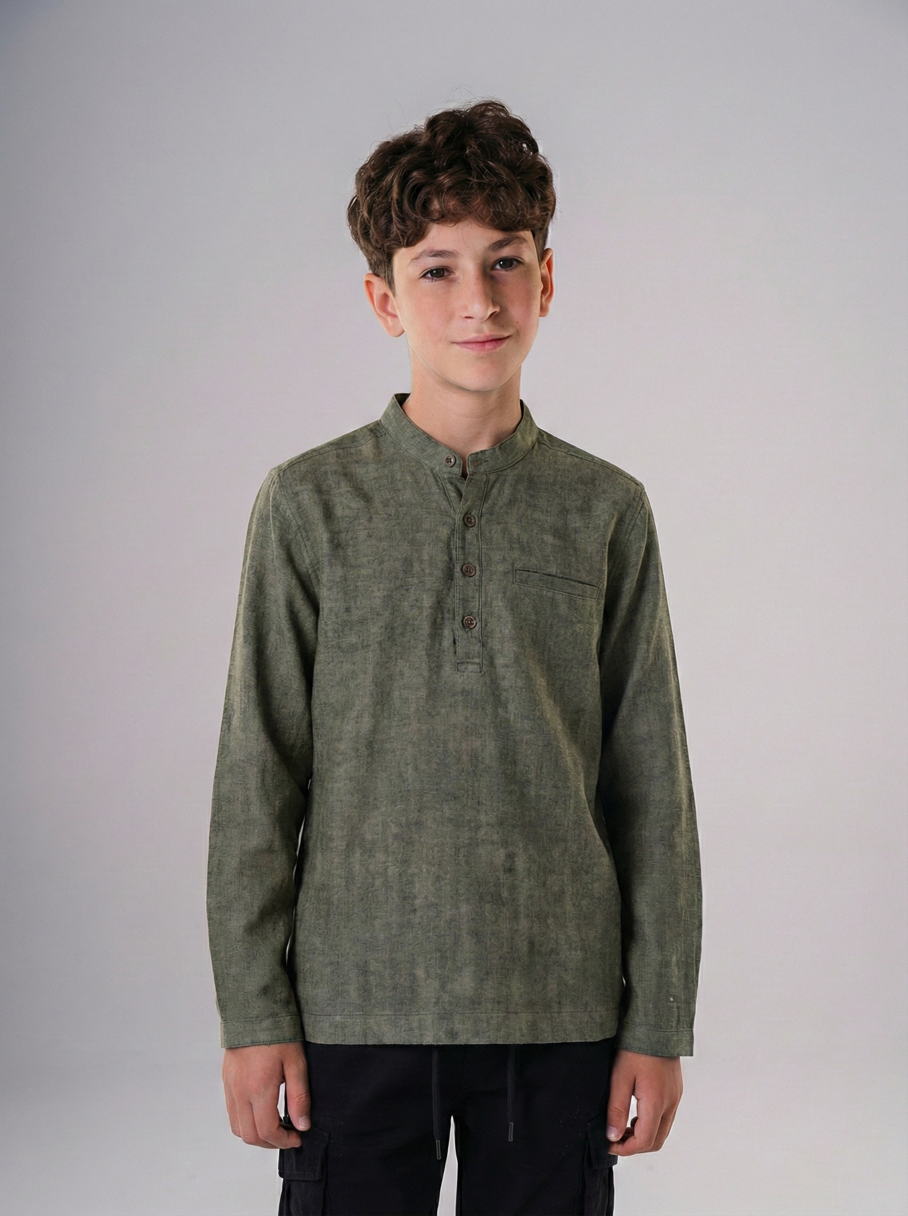 Boys’  Collar Shirt – Long-Sleeve  Henley with Subtle Pattern