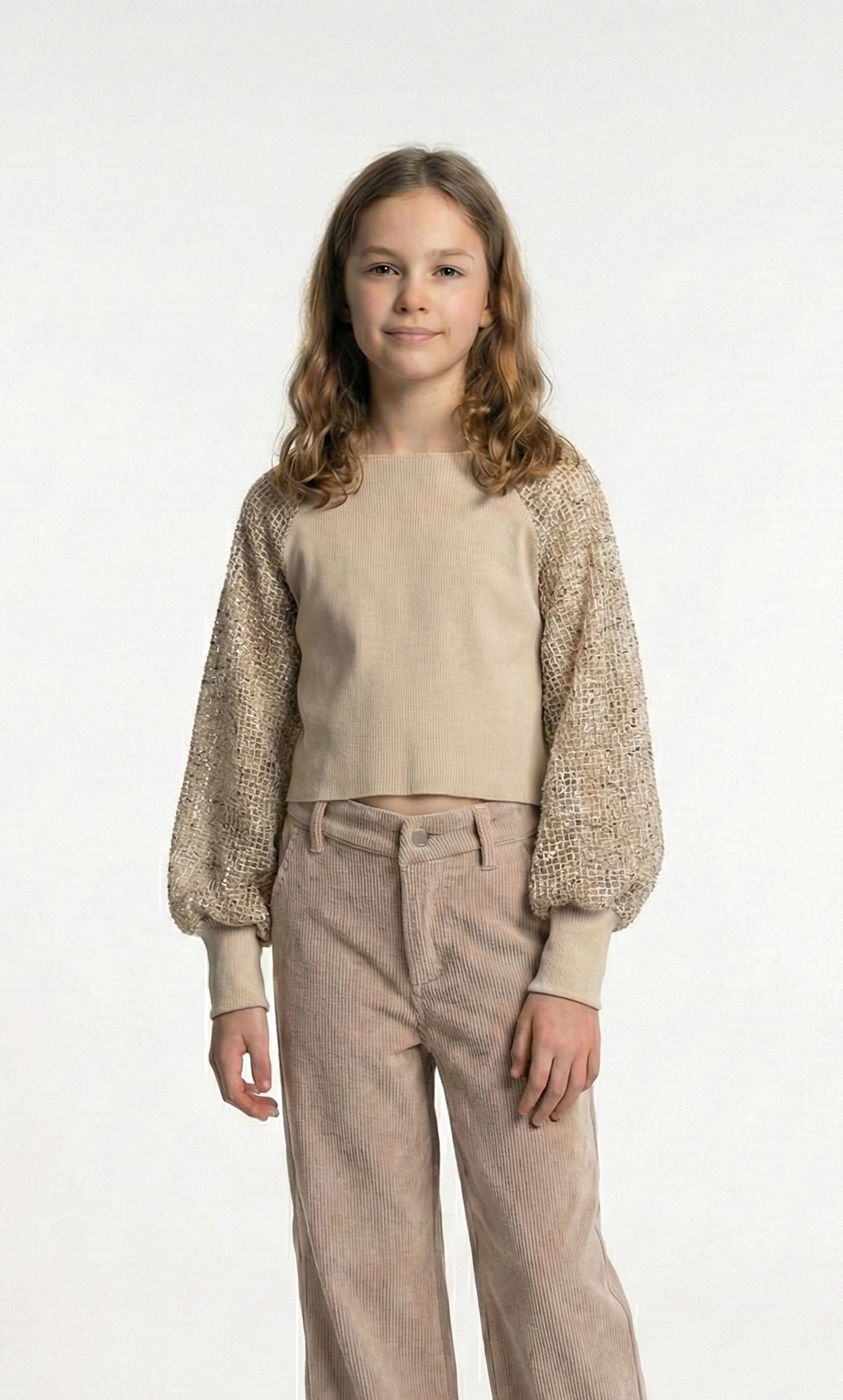 Girls’ Rib-Knit Top with Sequin Net Raglan Sleeves – Elegant Long-Sleeve Blouse