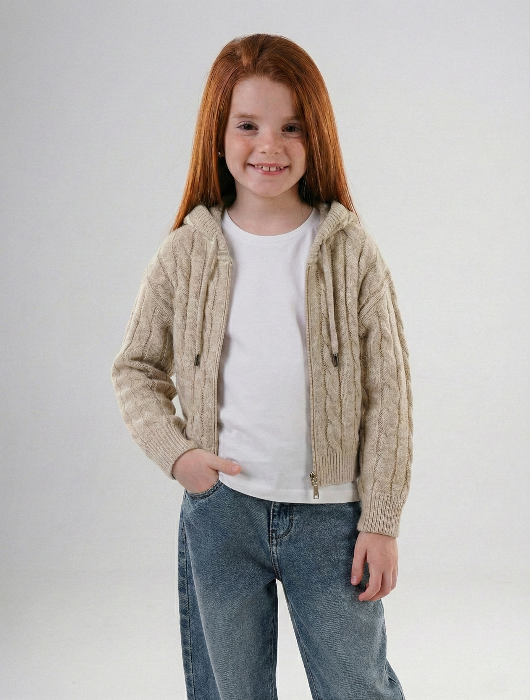 Girls’ Chunky Cable-Knit Hooded Zip-Up Cardigan