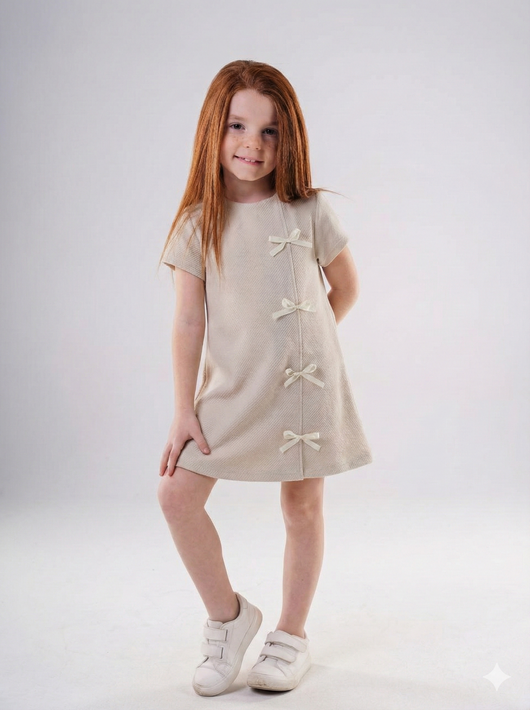 Girls’ Textured Shift Dress with Sweetheart Bows