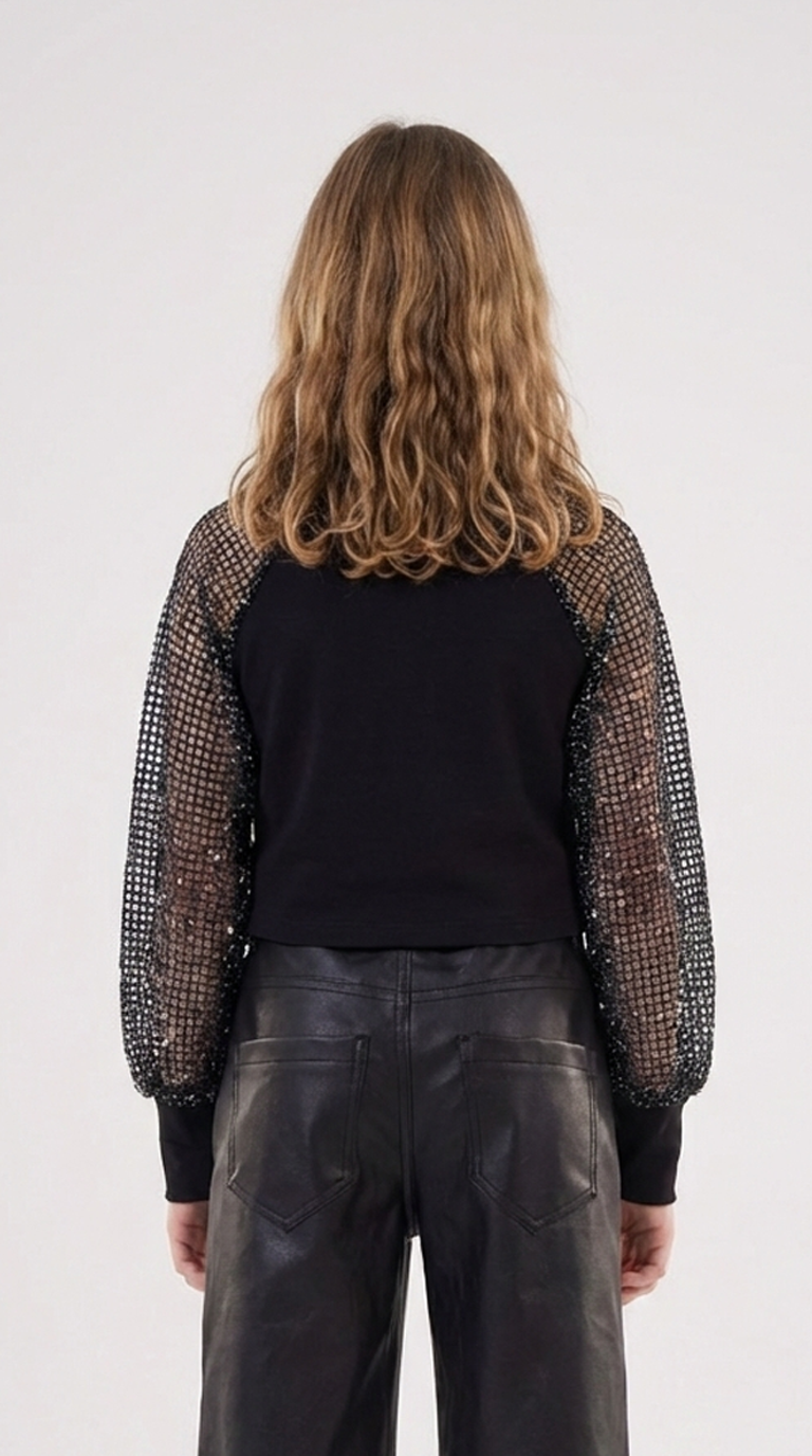 Girls’ Rib-Knit Top with Sequin Net Raglan Sleeves – Elegant Long-Sleeve Blouse