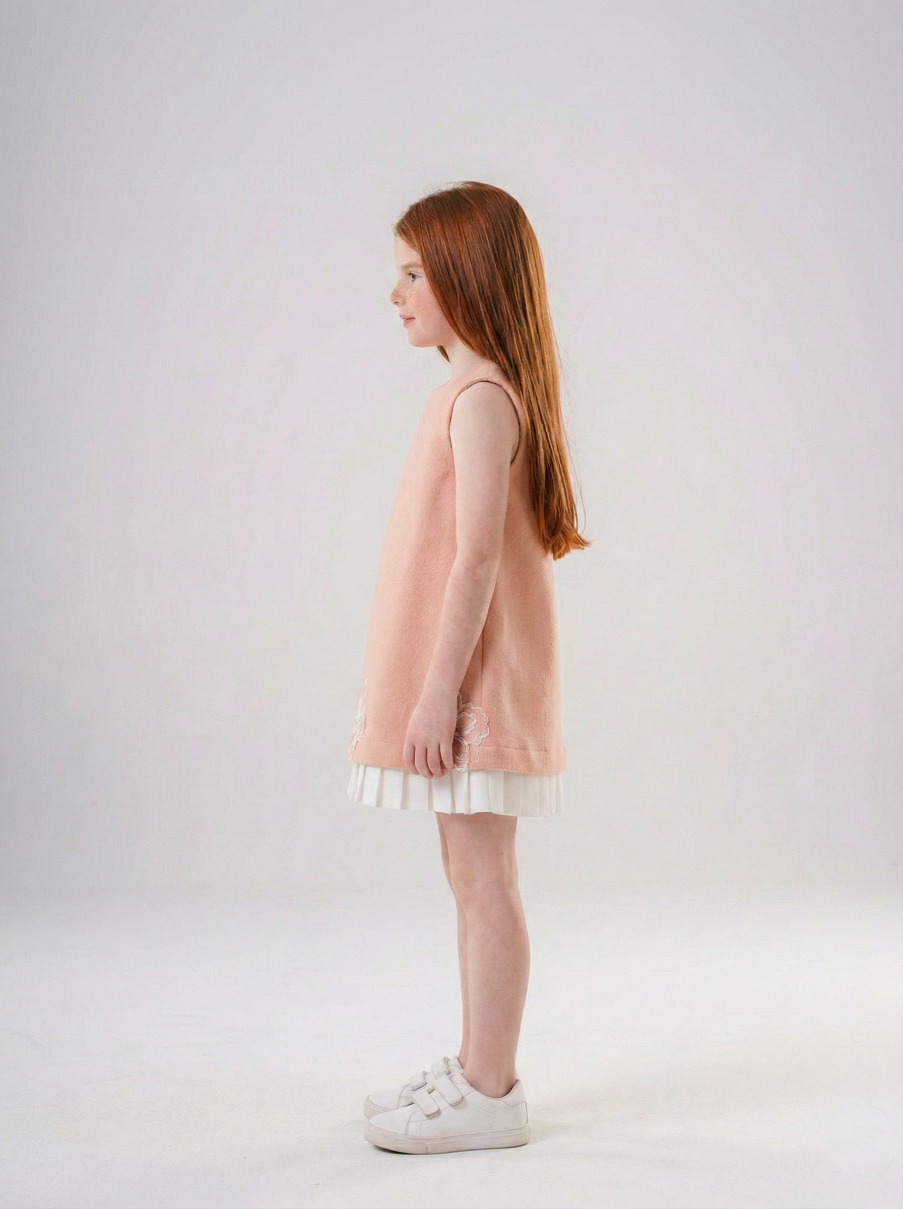 Girls’ A-Line Shift Dress with Floral Appliqué & Pleated Trim