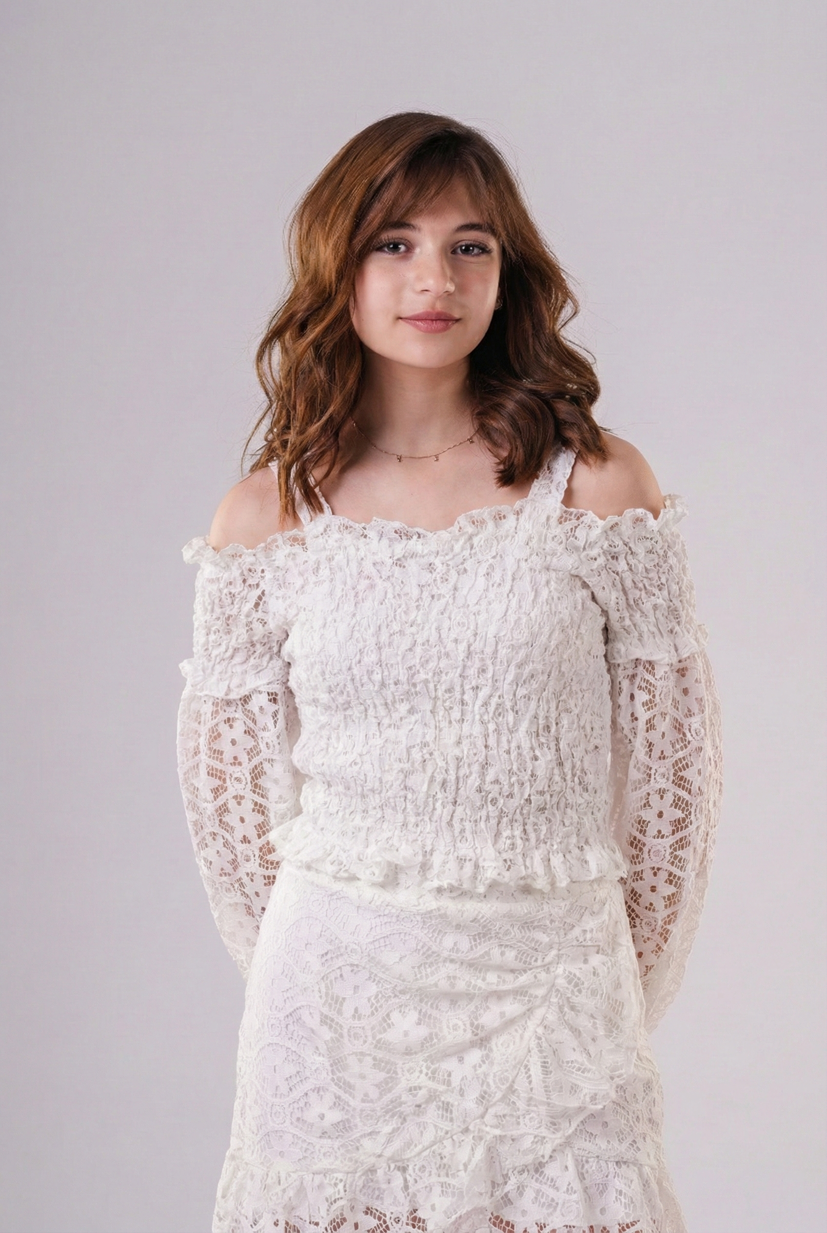 Girls' White Smocked Lace Off-the-Shoulder Top – Elegant Long