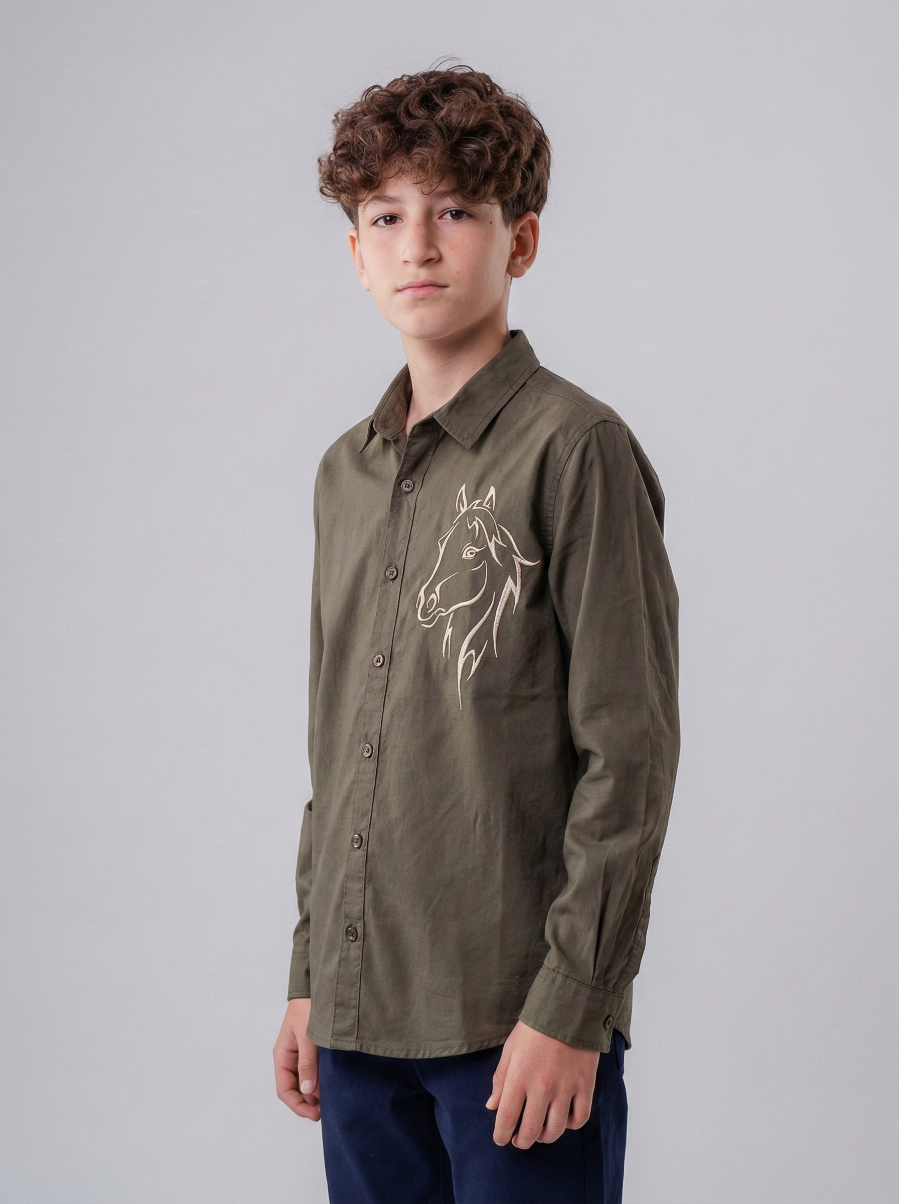 Boys’ Button-Down Shirt – Embroidered Horse Detail with Classic Collar