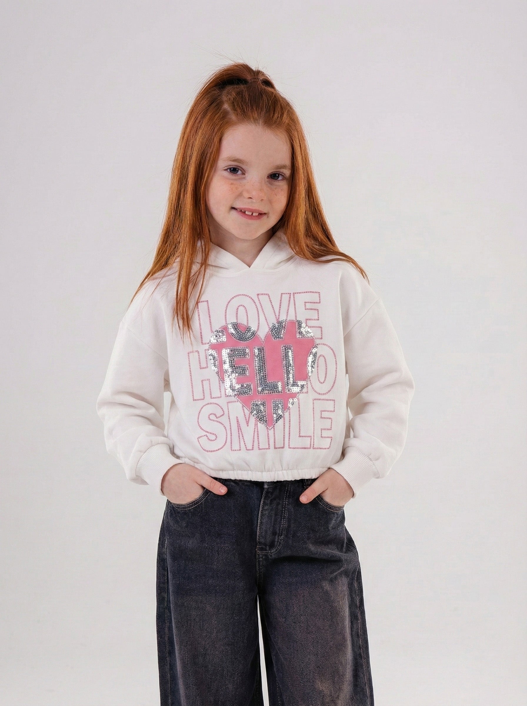 Girls' "Love Hello Smile" Sequin Heart Cropped Hoodie