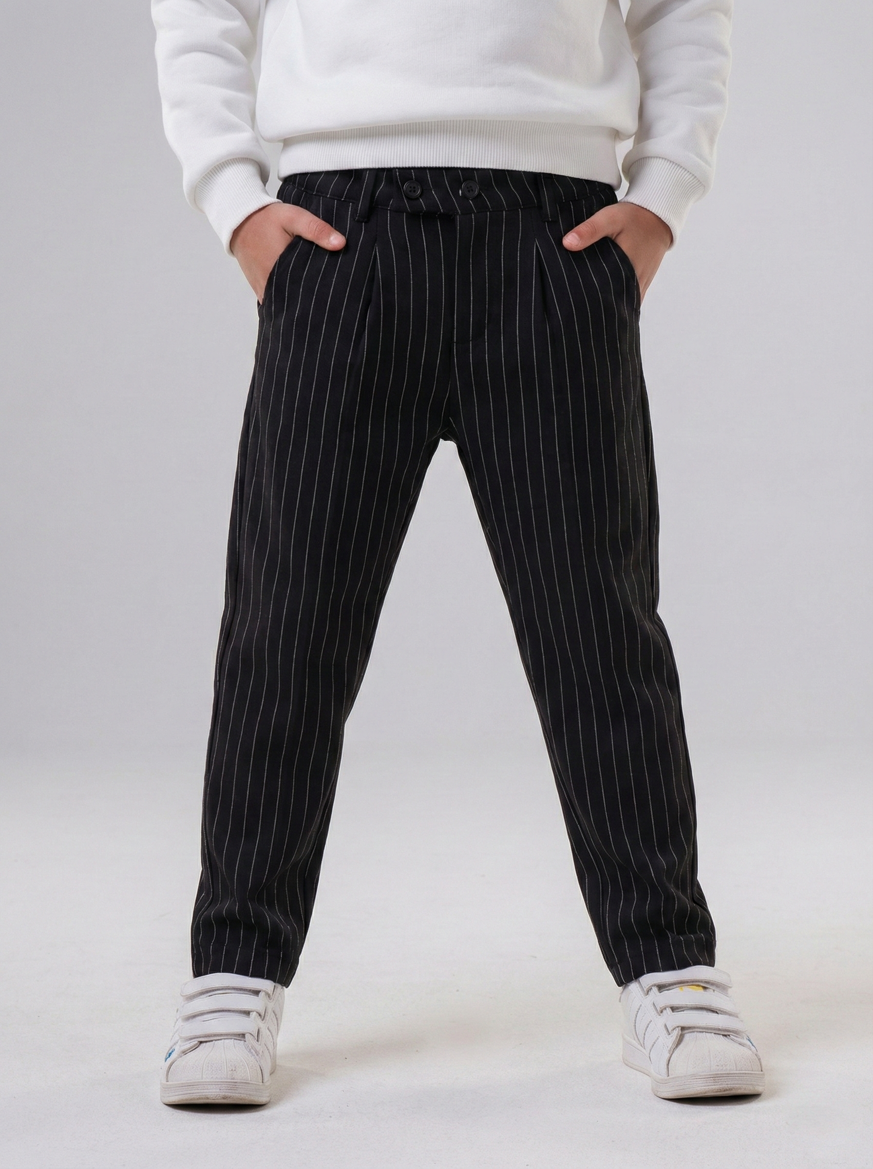 Boys’  Pinstripe Pleated Trousers – Smart-Casual Tailored Dress Pants
