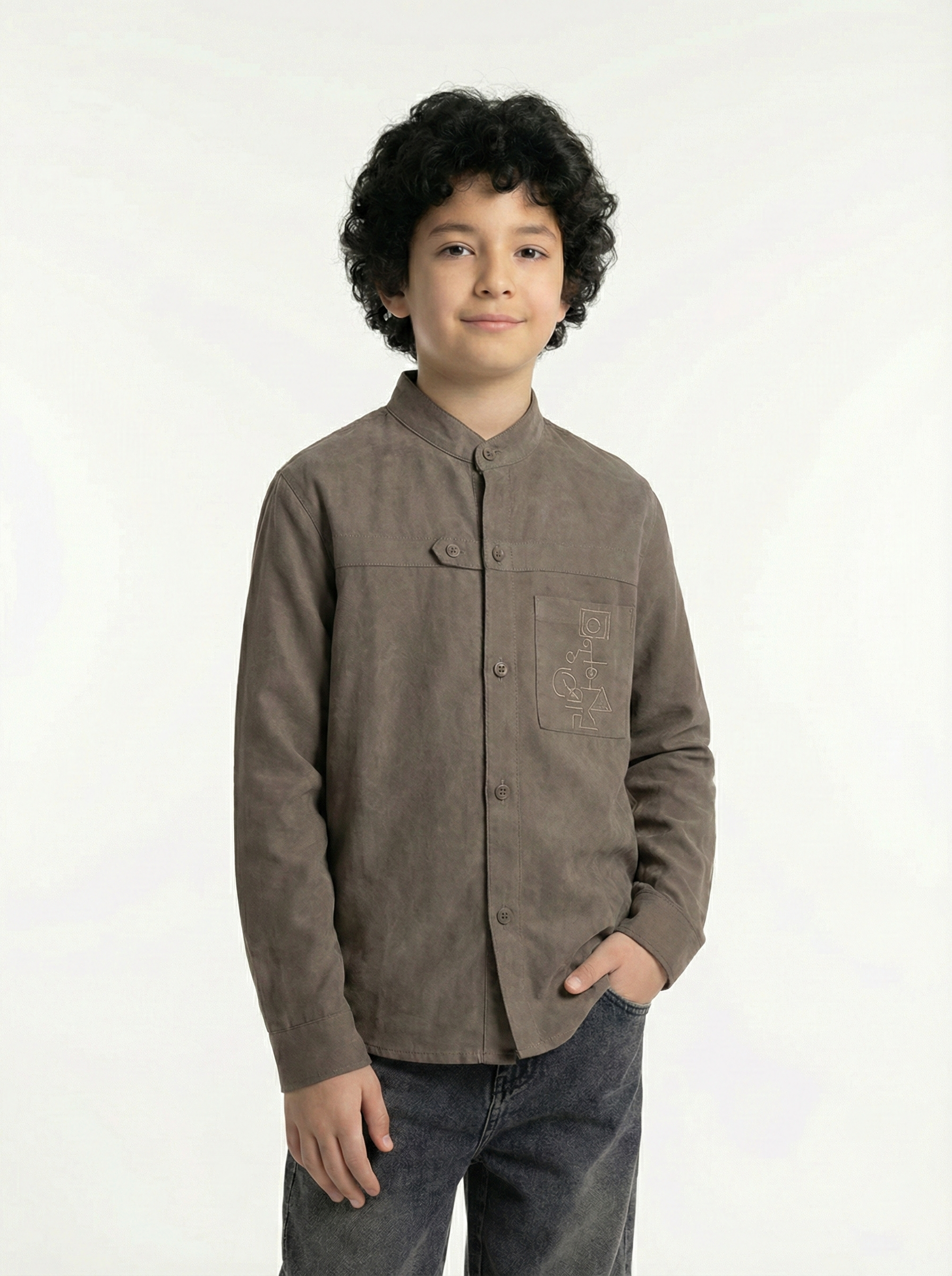 Boys’  Mandarin Collar Shirt – Long-Sleeve Button-Up with Geometric Embroidery