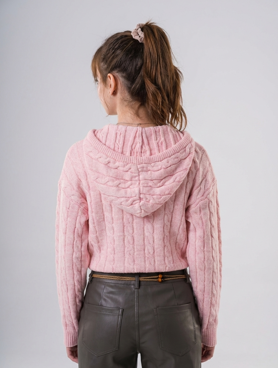 Girls’ Chunky Cable-Knit Hooded Zip-Up Cardigan