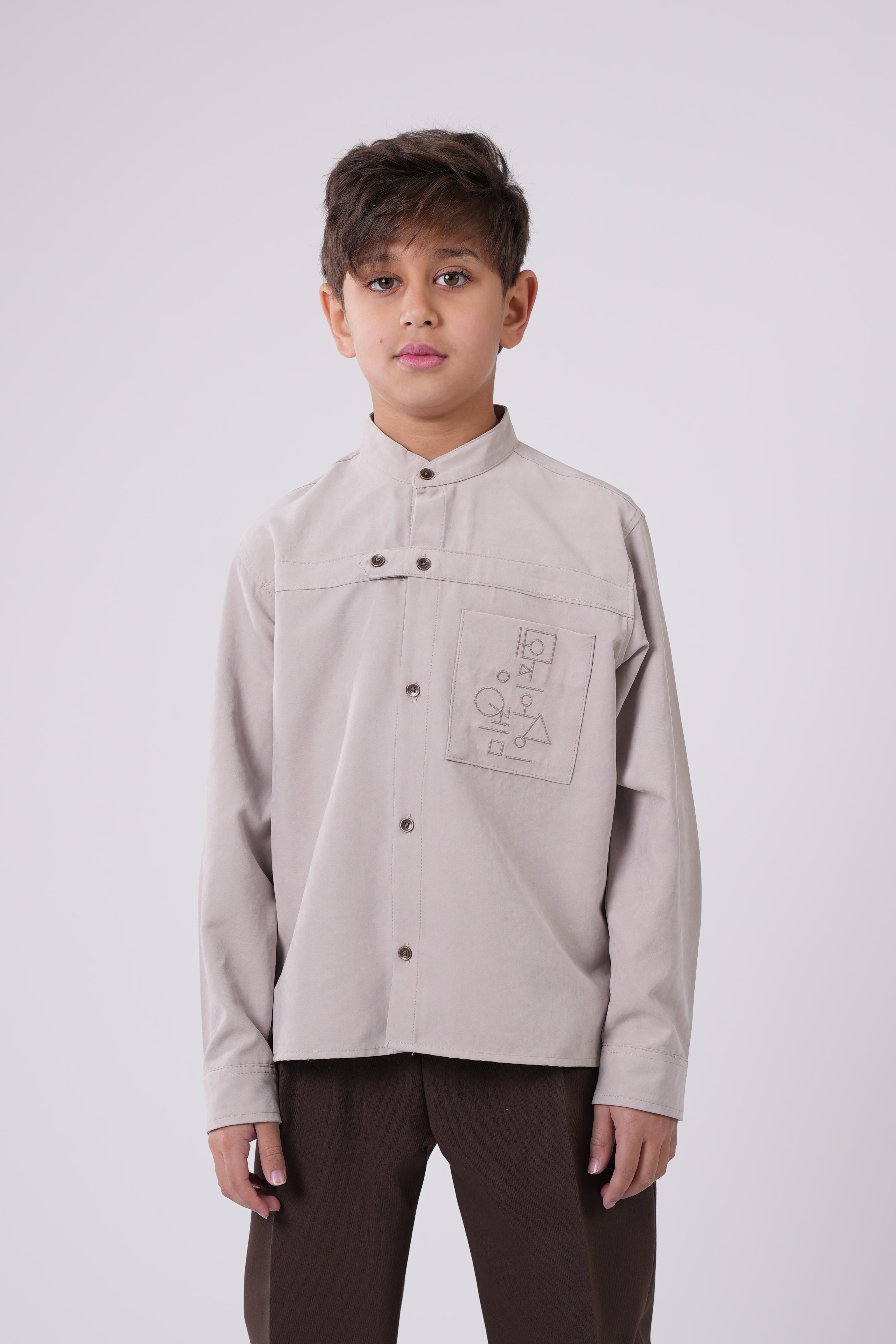 Boys’  Mandarin Collar Shirt – Long-Sleeve Button-Up with Geometric Embroidery