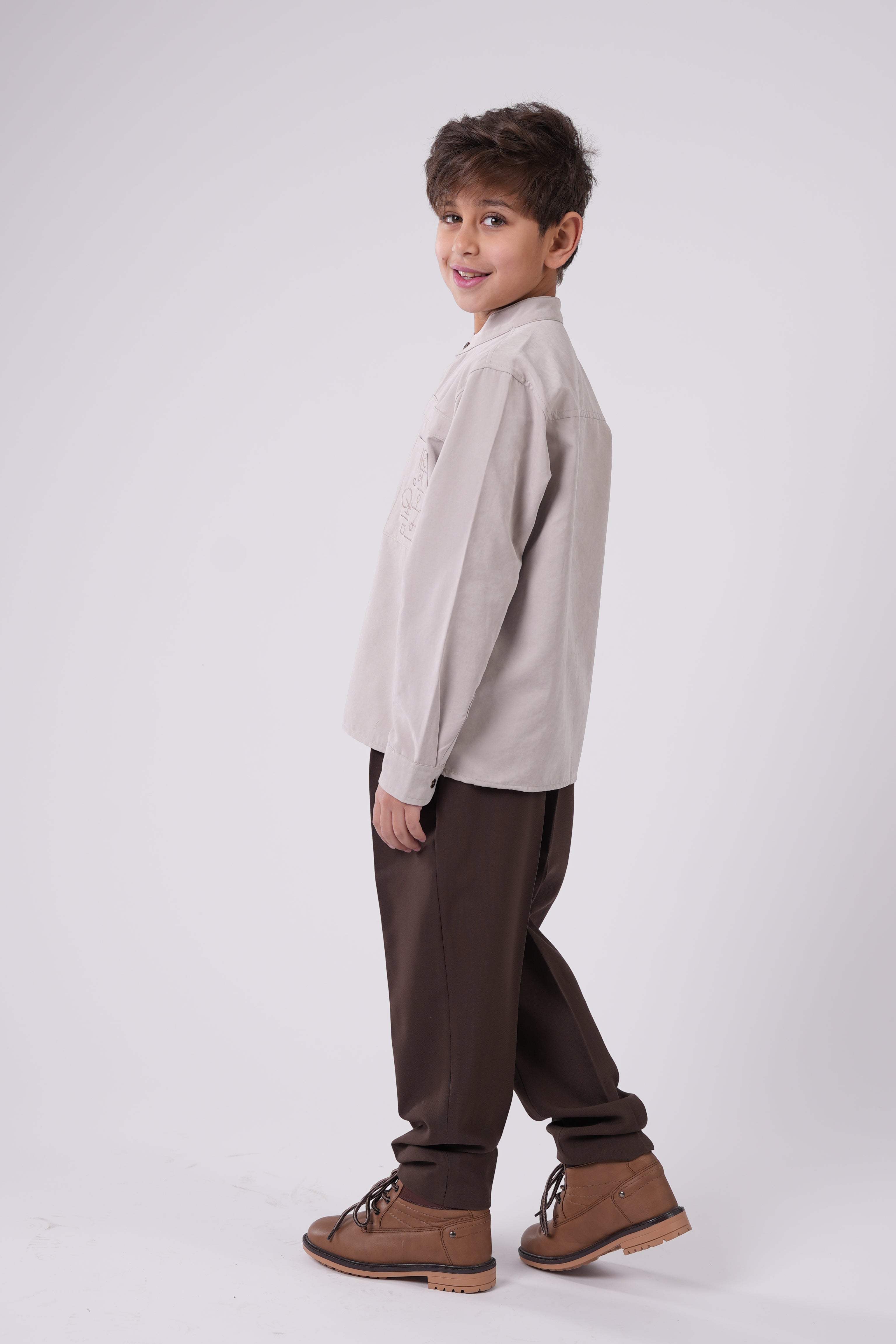Boys’  Mandarin Collar Shirt – Long-Sleeve Button-Up with Geometric Embroidery
