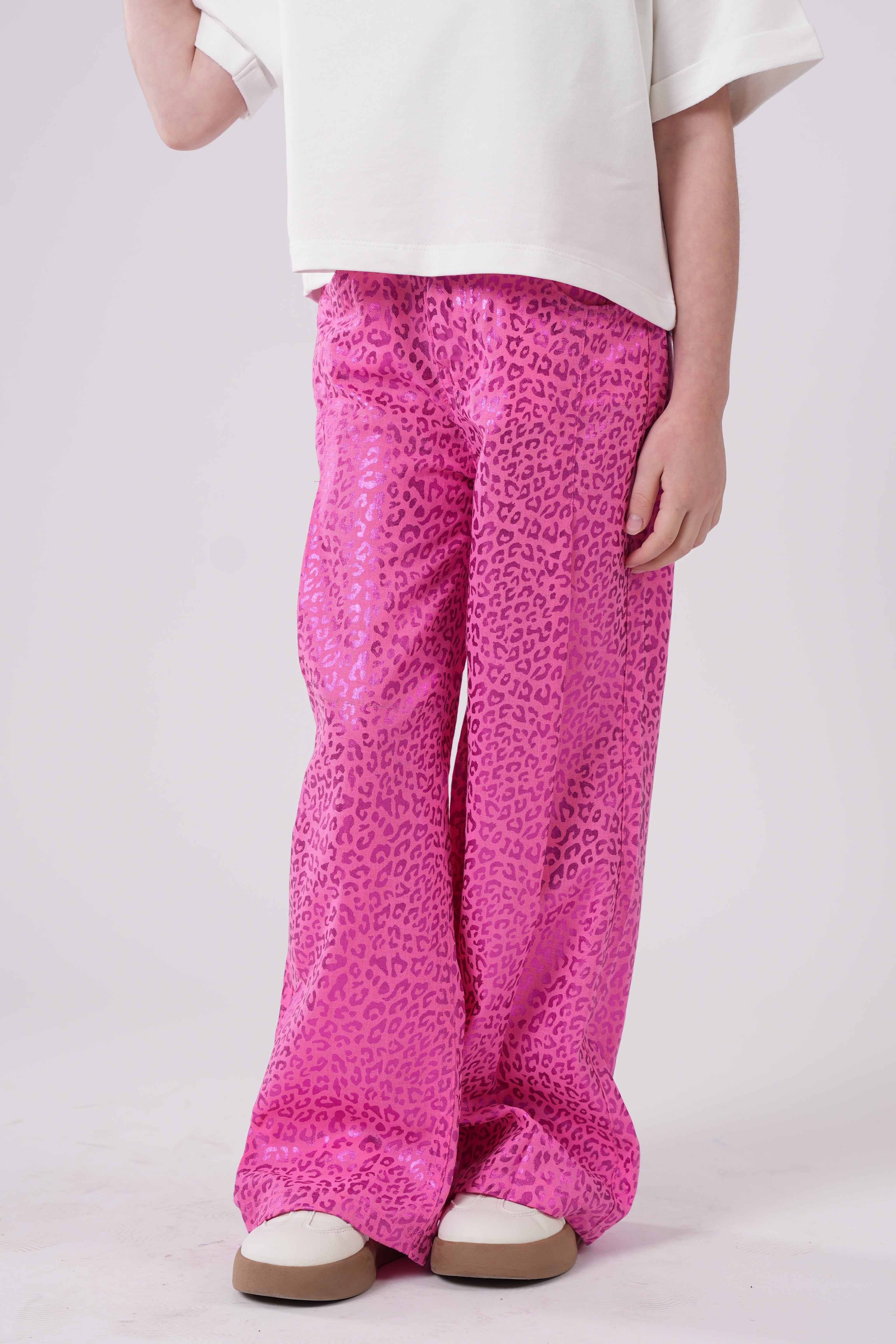 Girls’ Leopard Print High-Waist Trousers – Trendy Wide-Leg Pants