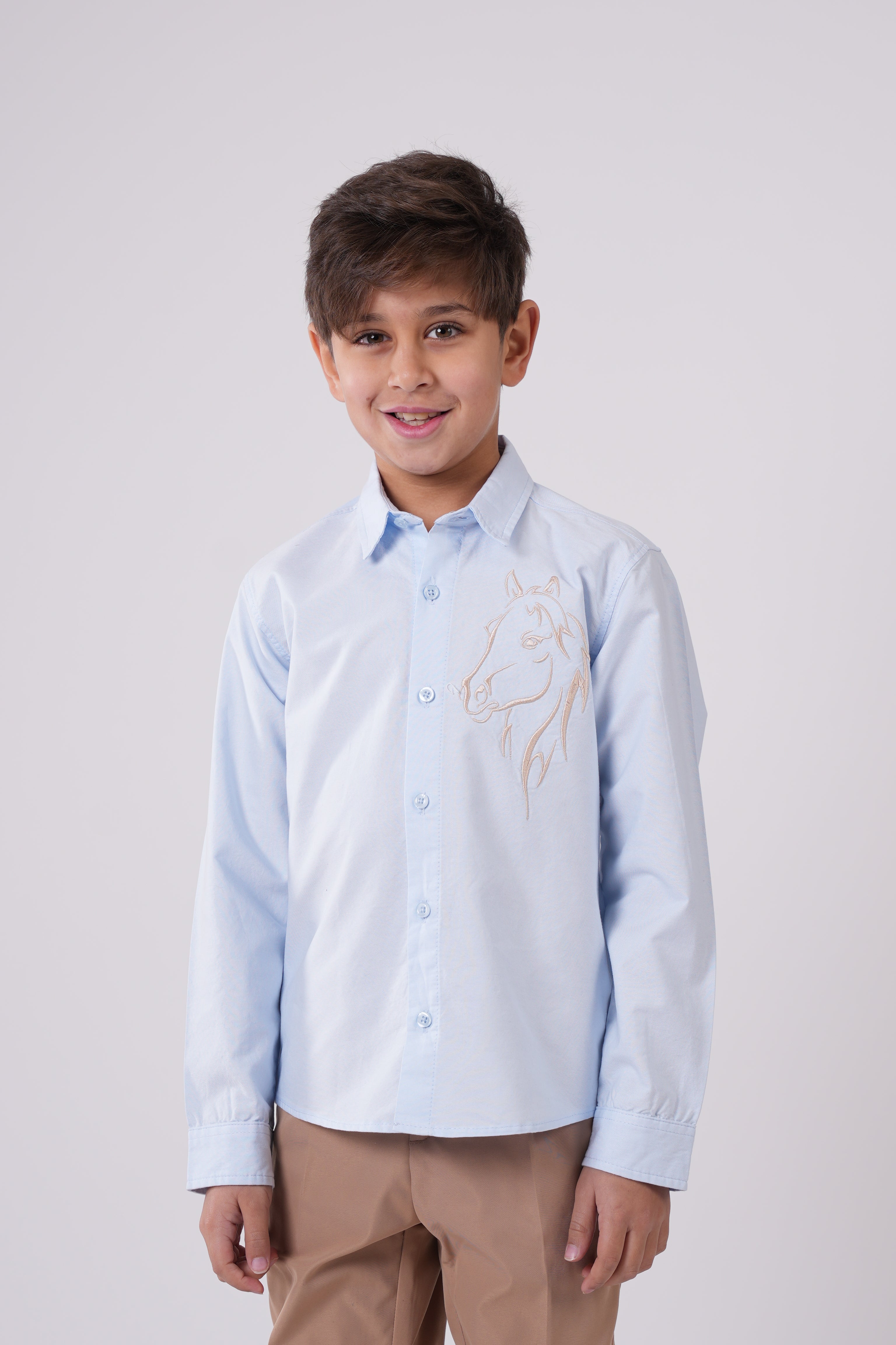 Boys’ Button-Down Shirt – Embroidered Horse Detail with Classic Collar