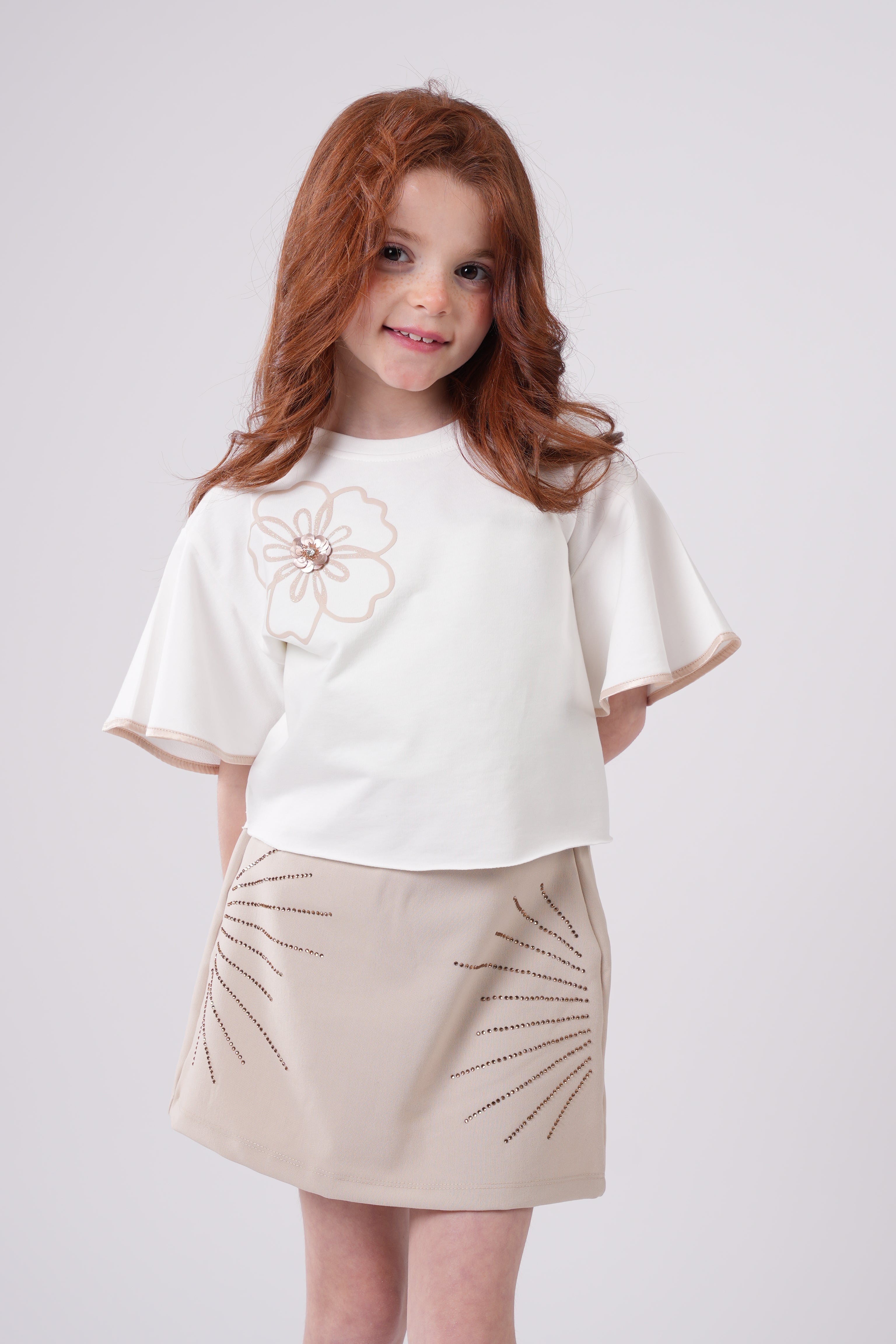 Girls' Embellished Flower Wide-Sleeve Top